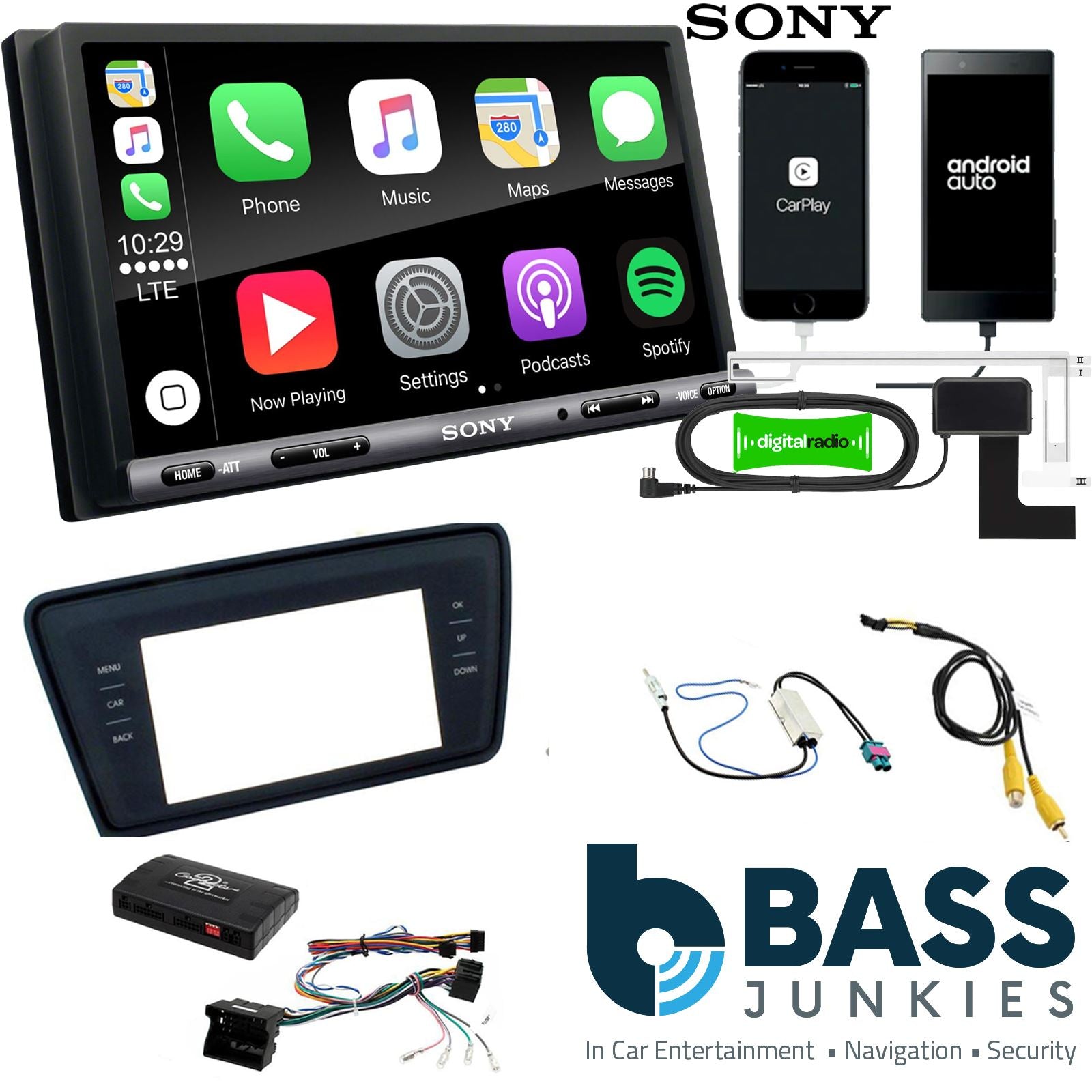 SONY DAB+ Apple | Android Double Din Stereo Fitting Kit + Steering Wheel Stalk Controls to fit Skoda Octavia 2013-17