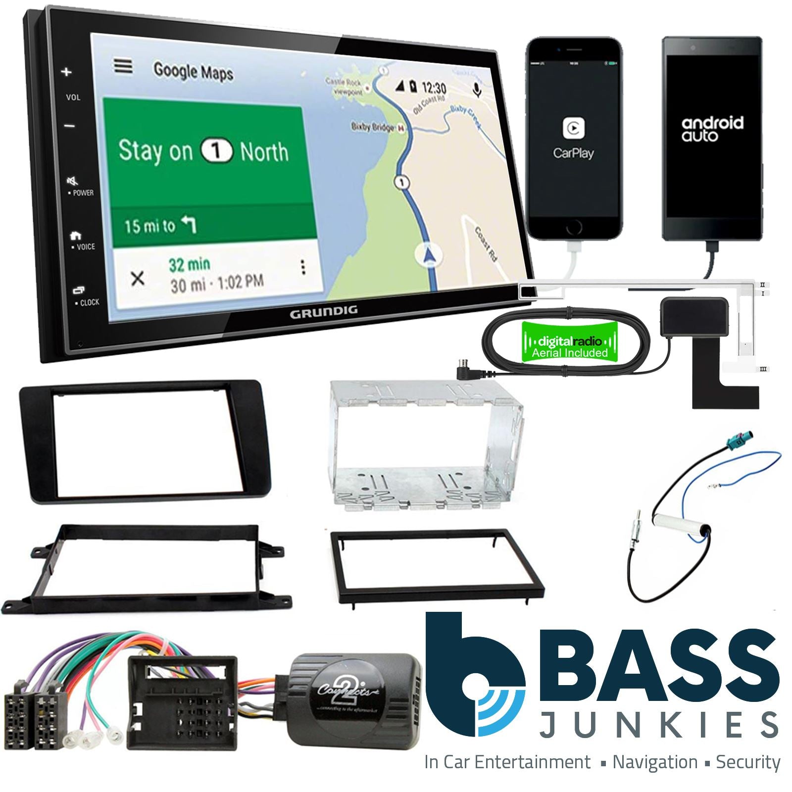 Grundig 6.8" Apple Android Double Din Stereo Fitting Kit + Steering Wheel Stalk Controls to fit Skoda Octavia 2004-08
