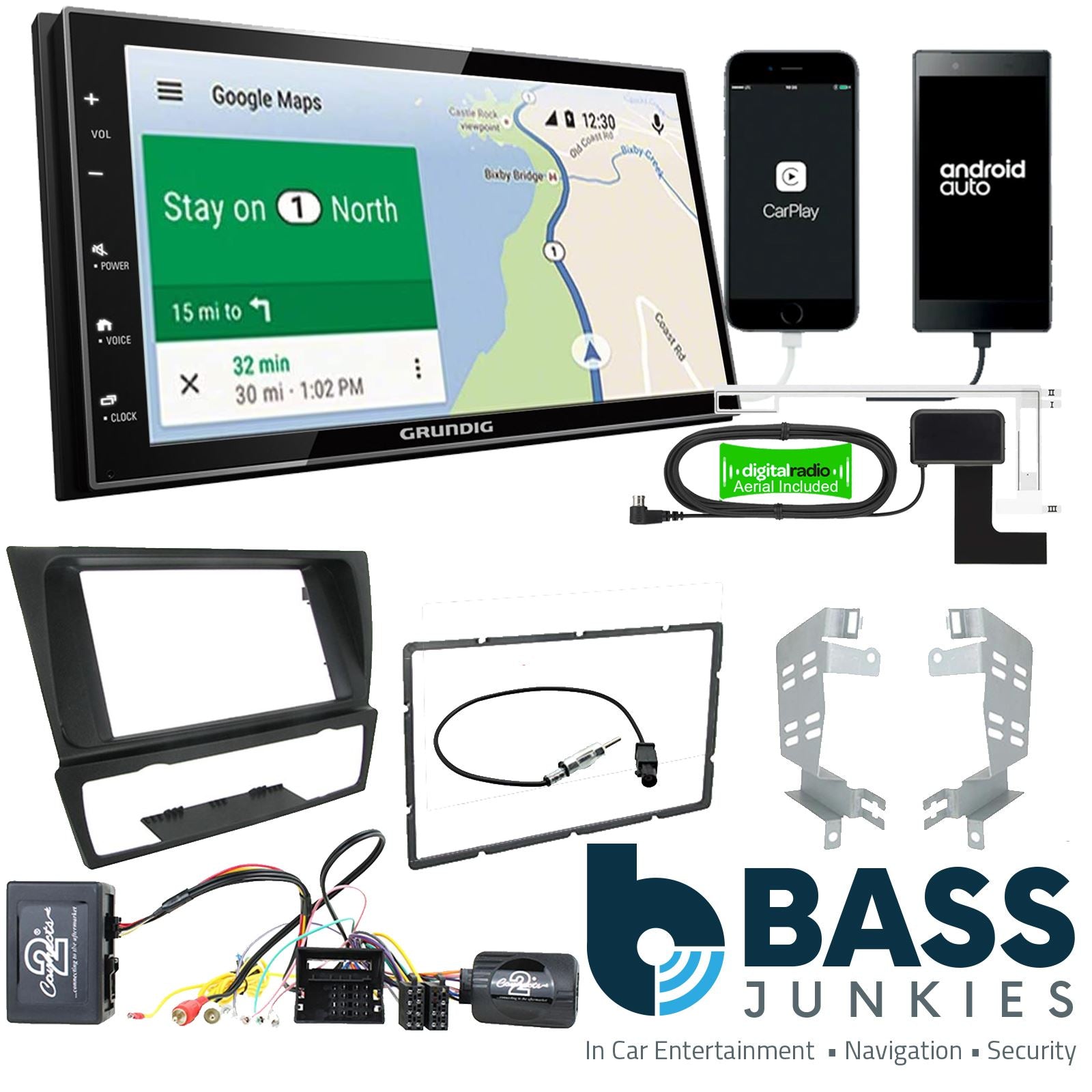 Grundig 6.8" Apple Android Double Din Stereo Fitting Kit + Steering Wheel Stalk Controls to fit BMW 3-Series 2005-12