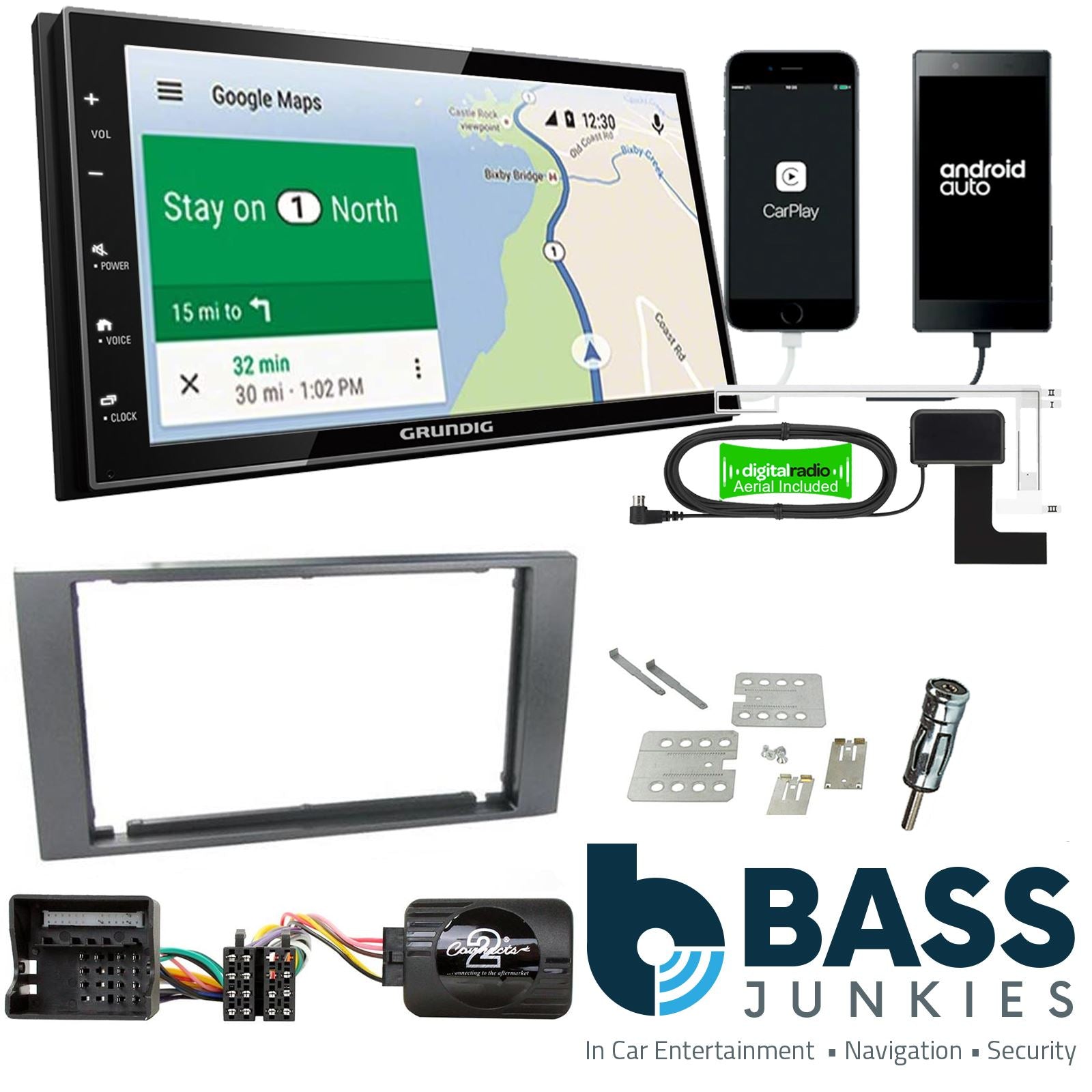 Grundig 6.8" Apple Android Double Din Stereo Fitting Kit + Steering Wheel Stalk Controls to fit Ford C-Max 2003-10 | Ford Focus 2004-07 | Ford Fiesta 2005-08