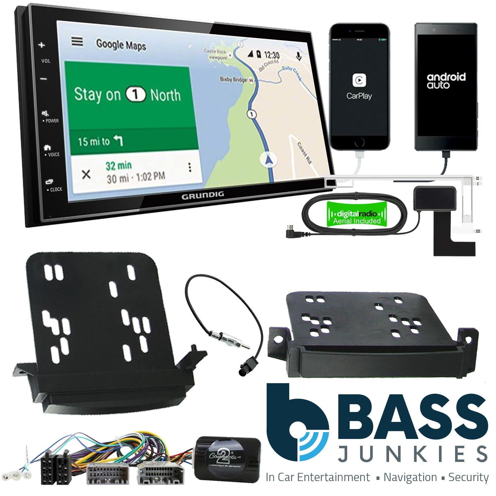 Grundig 6.8" Apple Android Double Din Stereo Fitting Kit + Steering Wheel Stalk Controls to fit Jeep Grand-Cherokee 11-14