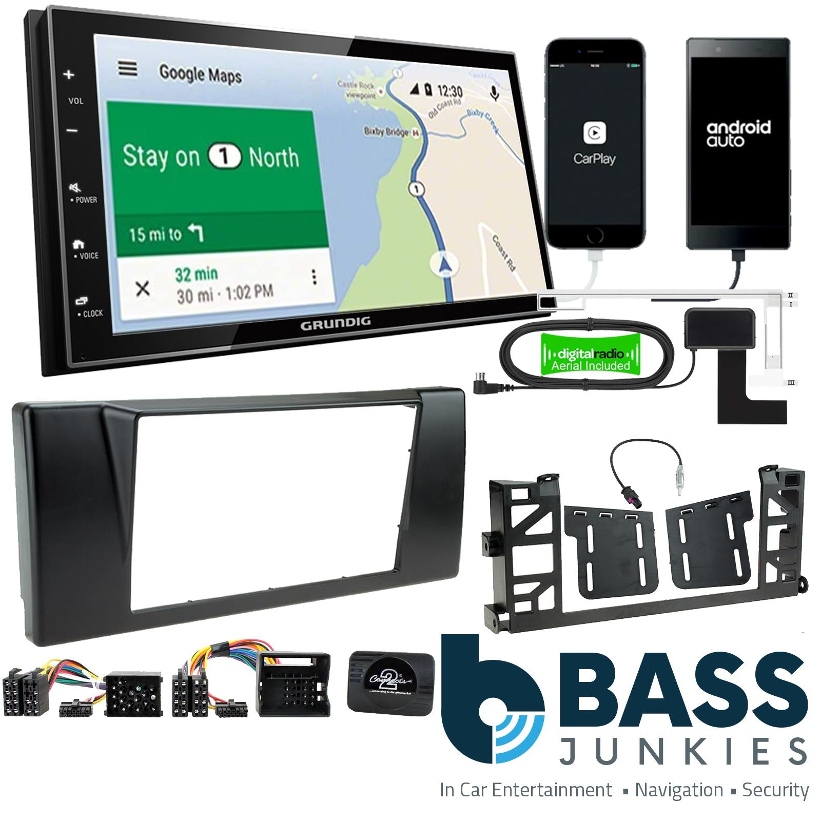 Grundig 6.8" Apple Android Double Din Stereo Fitting Kit + Steering Wheel Stalk Controls to fit BMW 5-Series 1996-04
