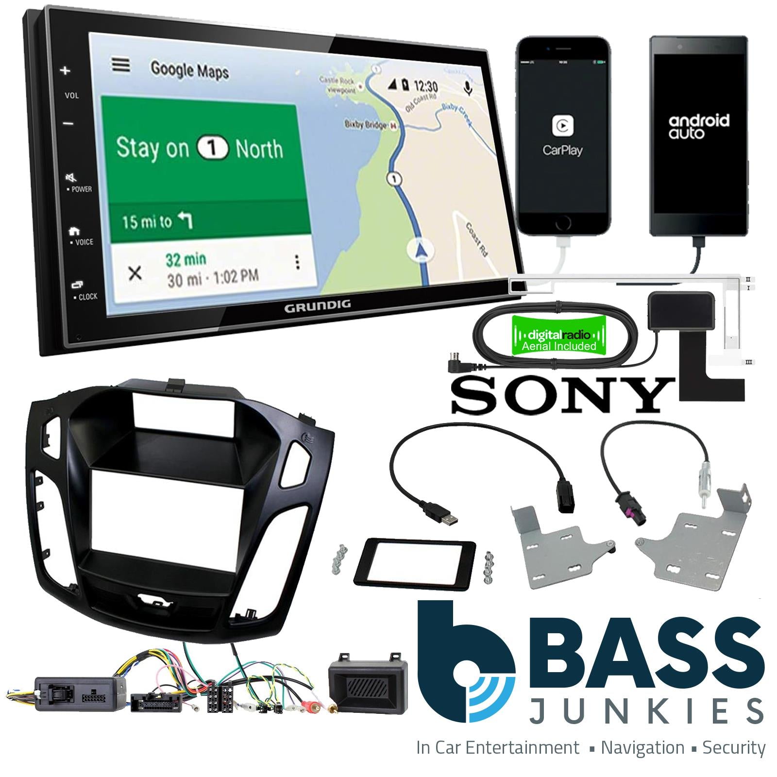 Grundig 6.8" Apple Android Double Din Stereo Fitting Kit + Steering Wheel Stalk Controls to fit Ford Focus 2015-18
