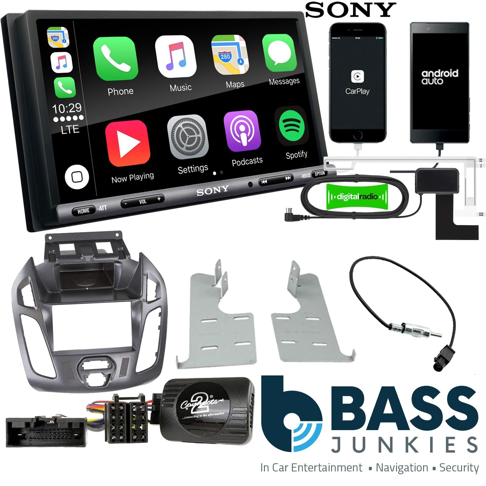 SONY DAB+ Apple | Android Double Din Stereo Fitting Kit + Steering Wheel Stalk Controls to fit Ford Transit-Connect 13-21