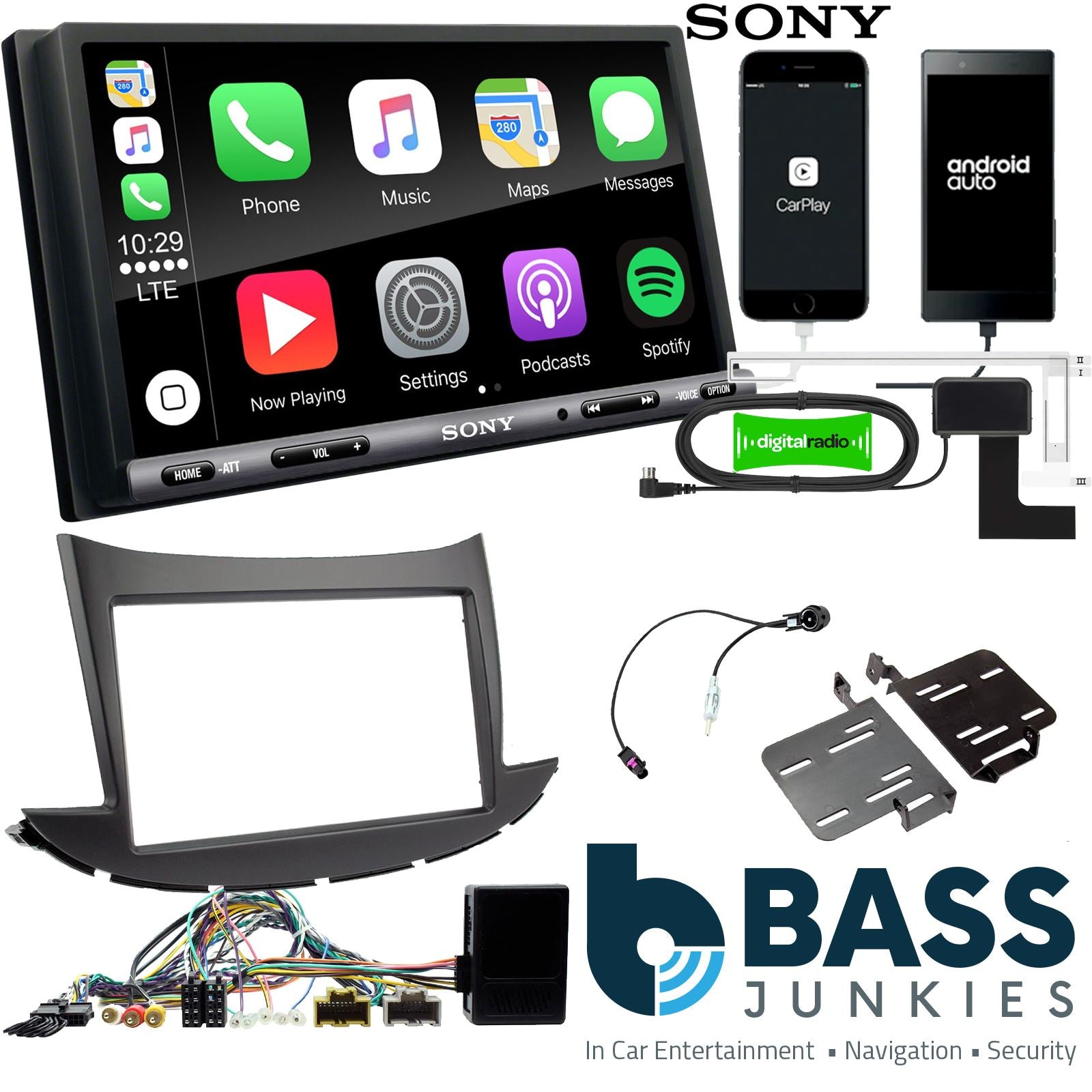 SONY DAB+ Apple | Android Double Din Stereo Fitting Kit + Steering Wheel Stalk Controls to fit Chevrolet Trax 2017-21