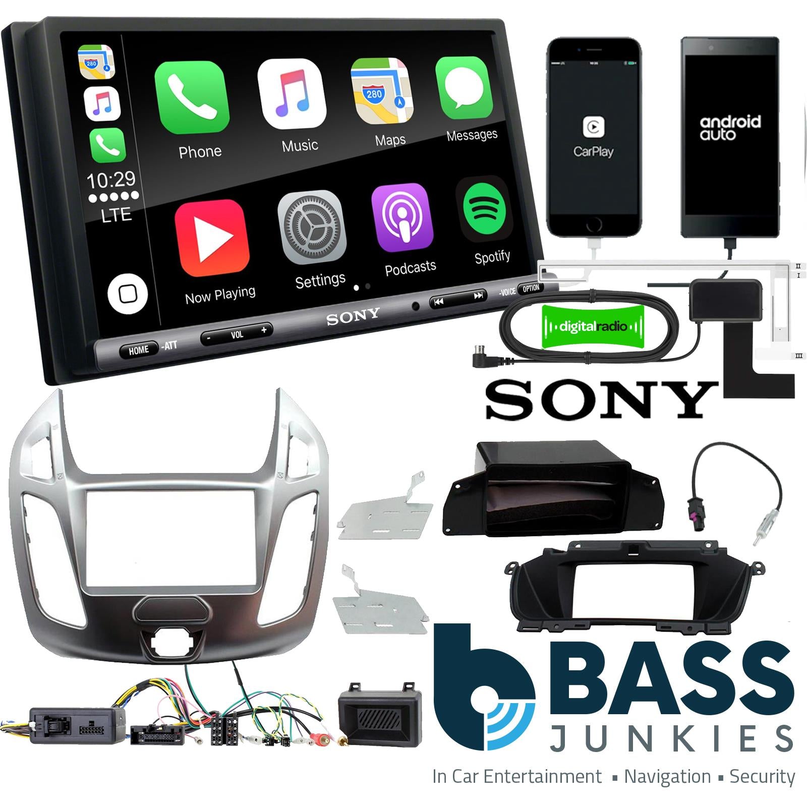 SONY DAB+ Apple | Android Double Din Stereo Fitting Kit + Steering Wheel Stalk Controls to fit Ford Transit-Connect 13-21