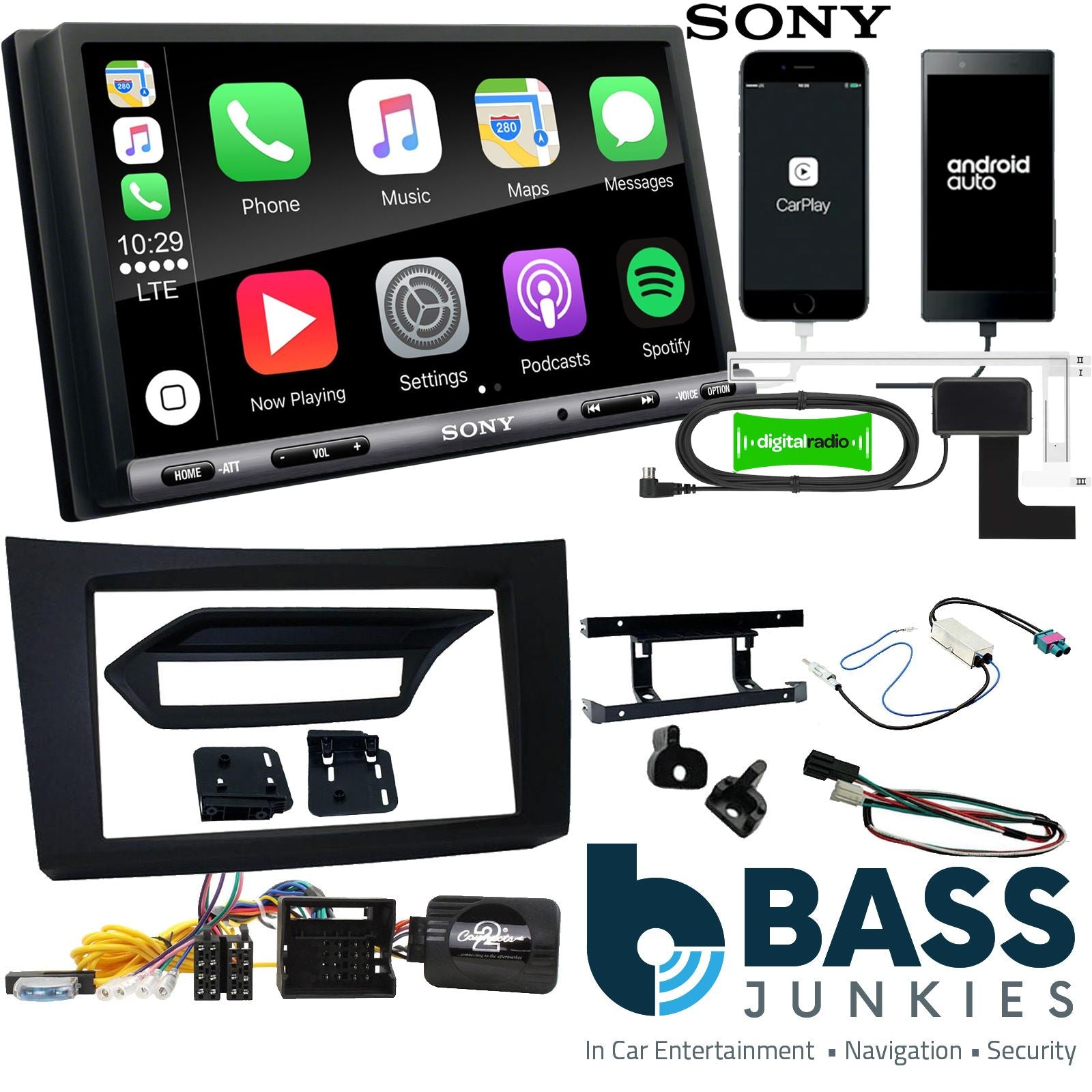 SONY DAB+ Apple | Android Double Din Stereo Fitting Kit + Steering Wheel Stalk Controls to fit Mercedes E-Class 2009-12