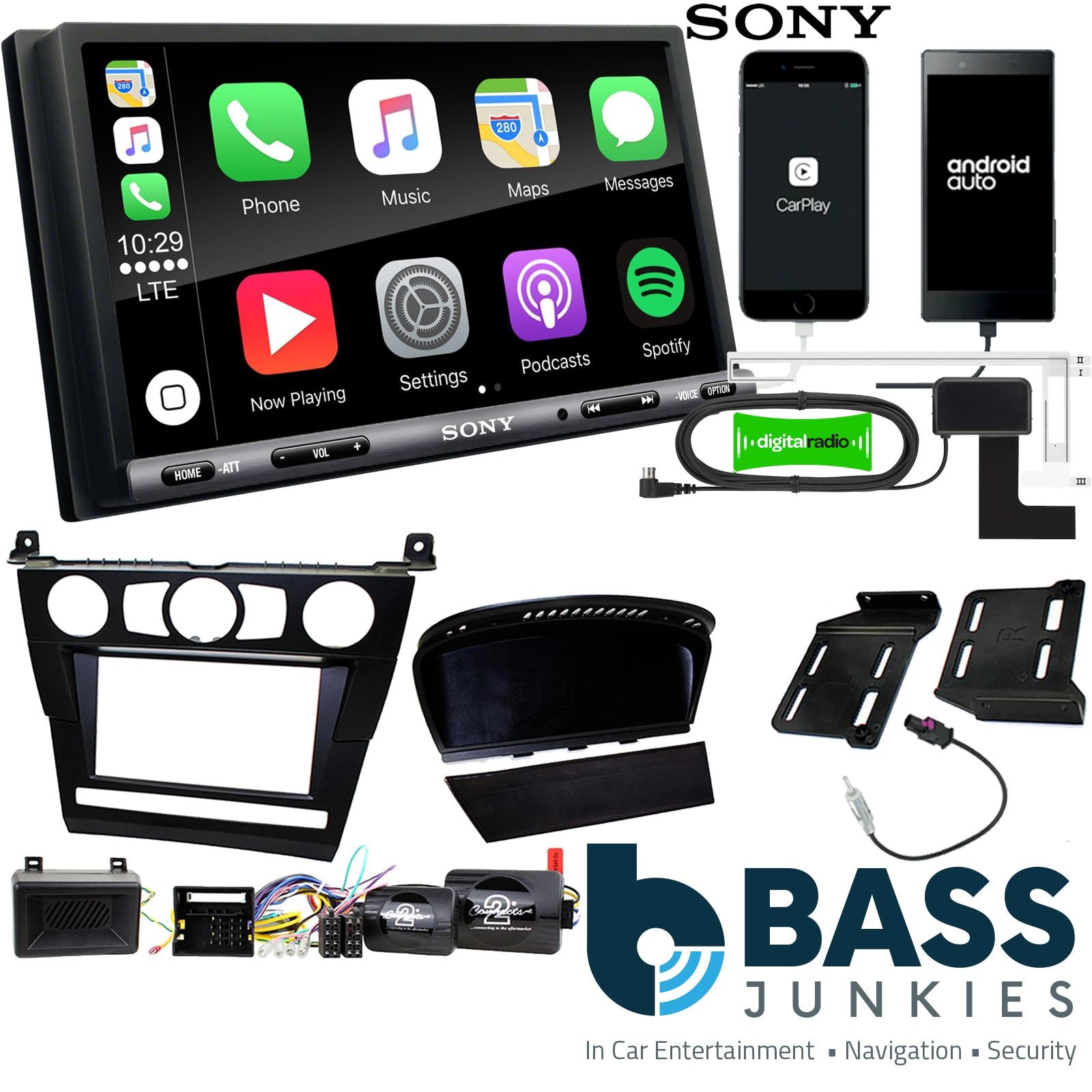 SONY DAB+ Apple | Android Double Din Stereo Fitting Kit + Steering Wheel Stalk Controls to fit BMW 5-Series 2003-07