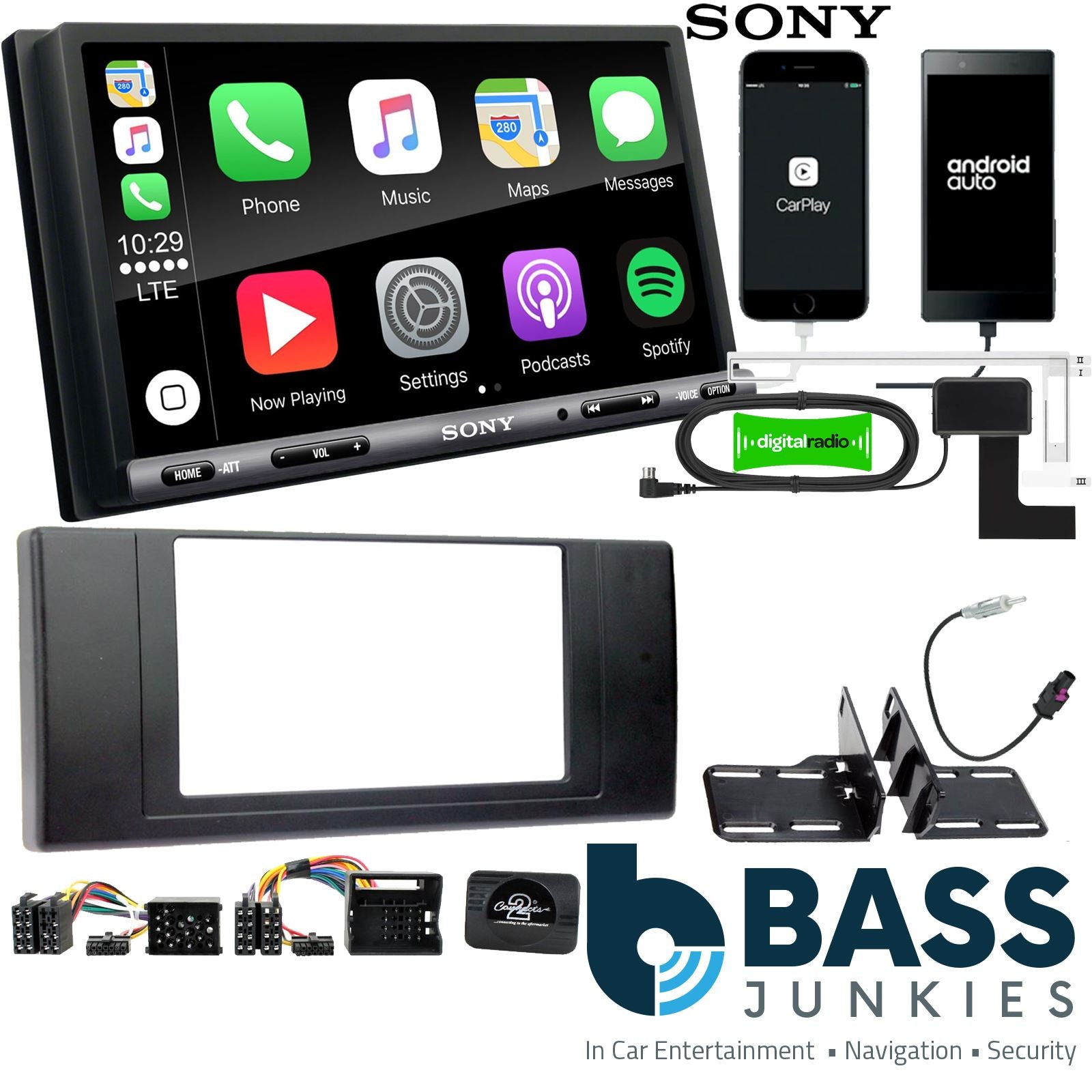 SONY DAB+ Apple | Android Double Din Stereo Fitting Kit + Steering Wheel Stalk Controls to fit BMW X5 2000-06