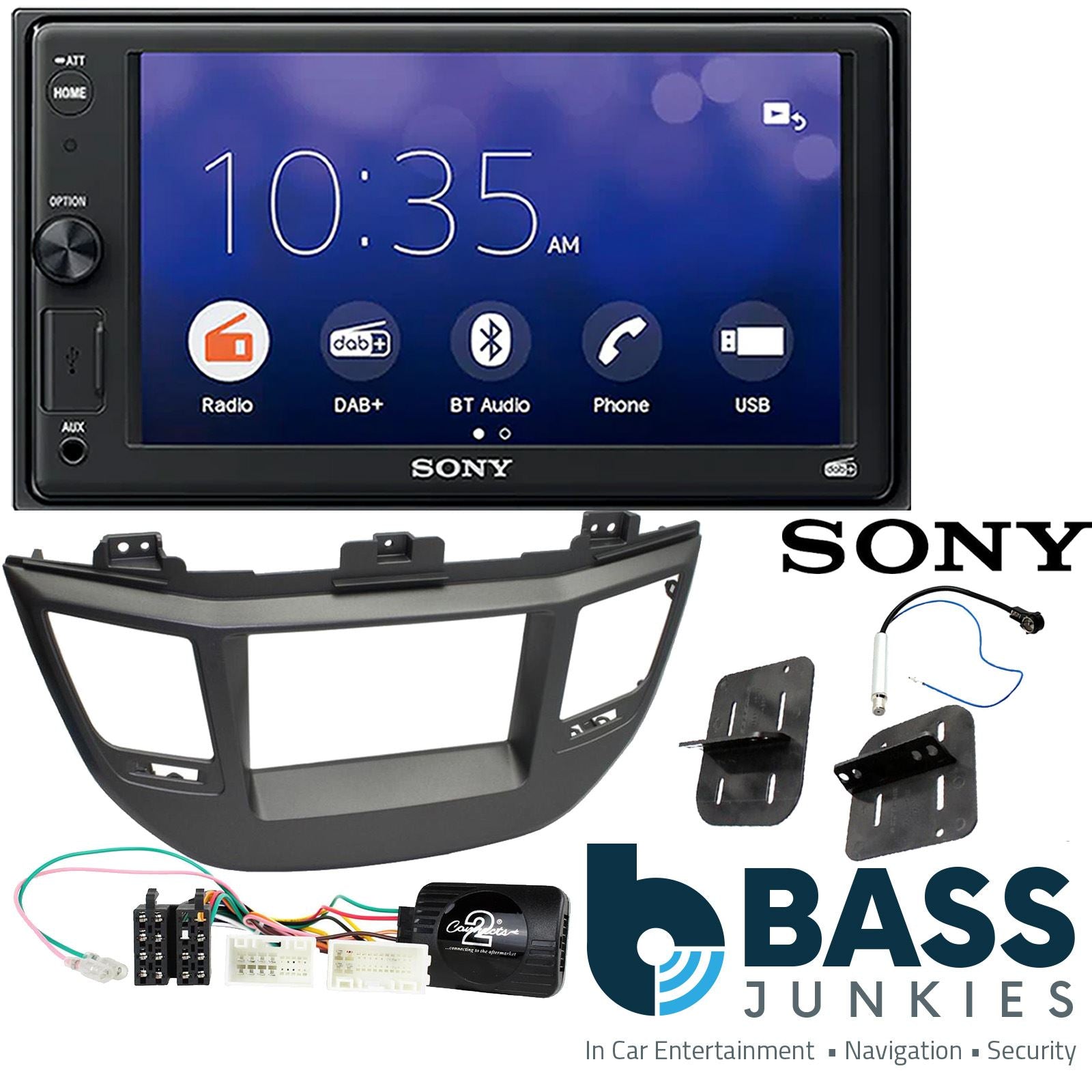 SONY XAV-1550D DAB+ Smart Bluetooth Car Radio + Left Hand Drive [LHD] Stereo fitting kit + Steering Wheel Controls Loom for Hyundai Tucson 2015-2019