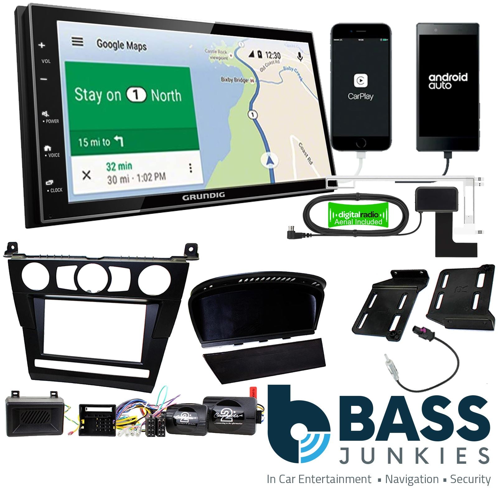 Grundig 6.8" Apple Android Double Din Stereo Fitting Kit + Steering Wheel Stalk Controls to fit BMW 5-Series 2003-07