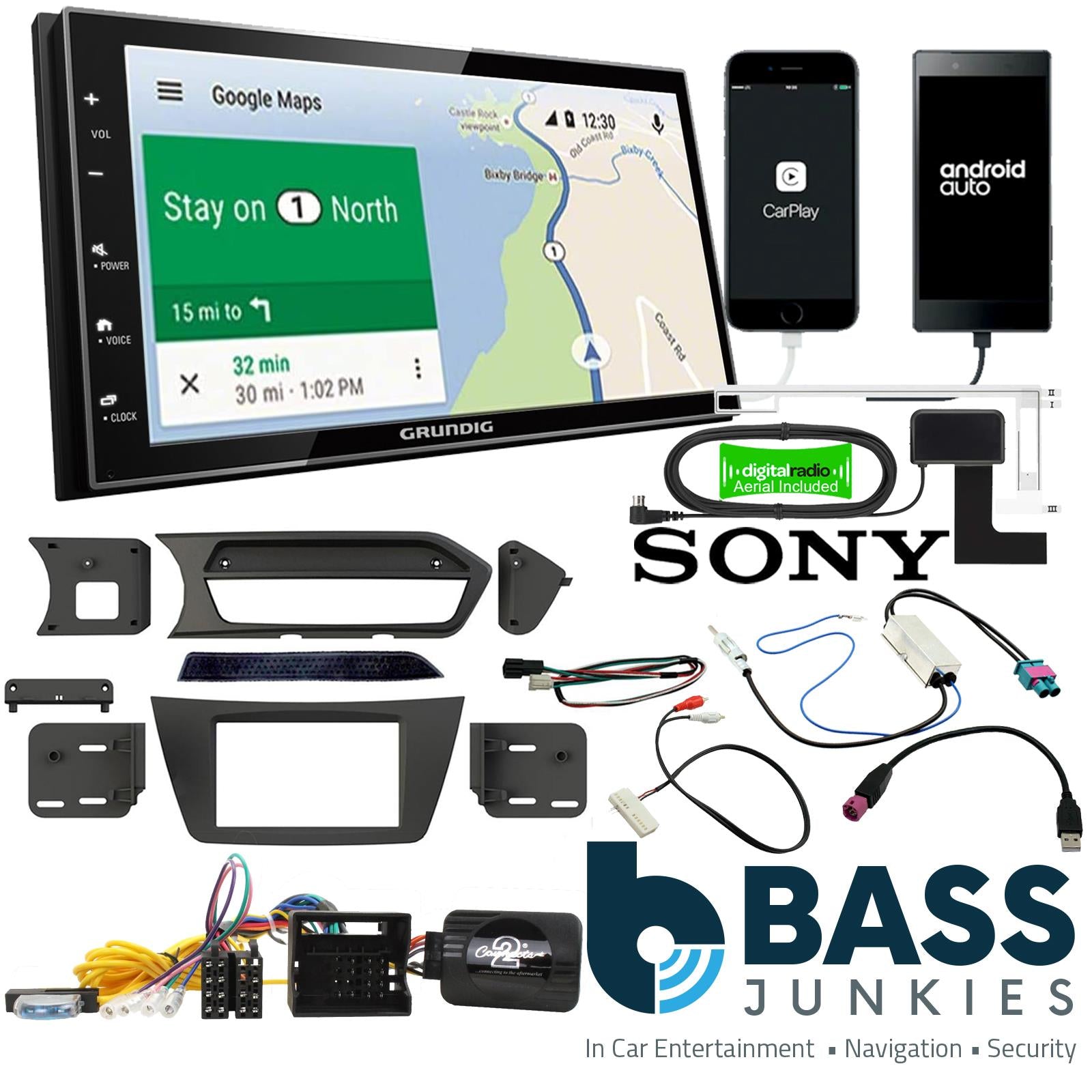 Grundig 6.8" Apple Android Double Din Stereo Fitting Kit + Steering Wheel Stalk Controls to fit Mercedes C-Class 2012-14