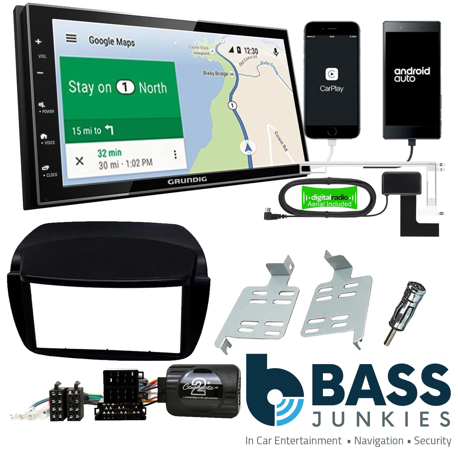 Grundig 6.8" Apple Android Double Din Stereo Fitting Kit + Steering Wheel Stalk Controls to fit Vauxhall Combo 2012-15 | Fiat Doblo 2010-15
