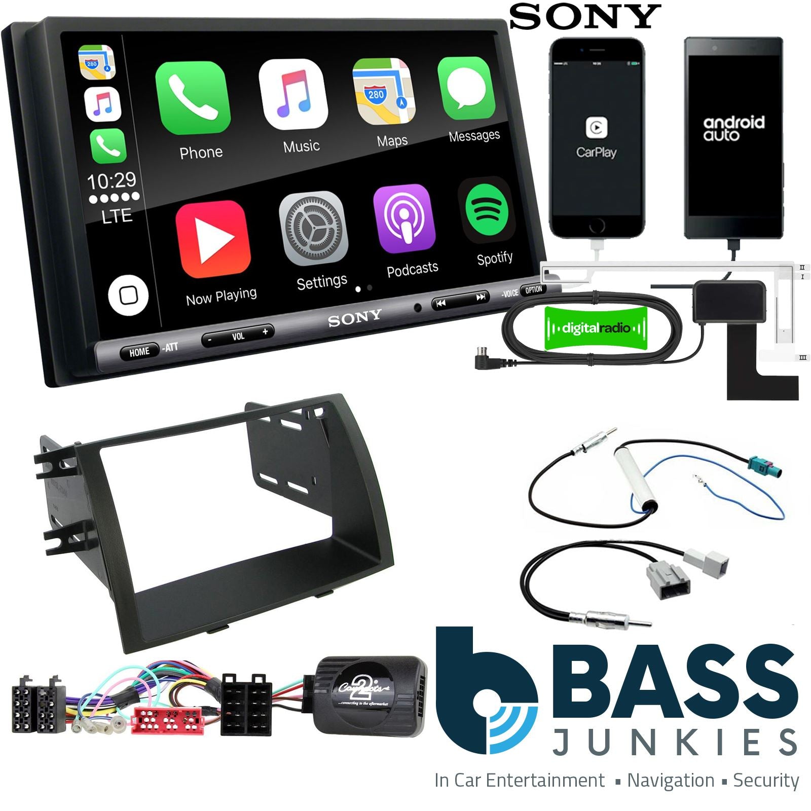 SONY DAB+ Apple | Android Double Din Stereo Fitting Kit + Steering Wheel Stalk Controls to fit Kia Sorento 2009-11