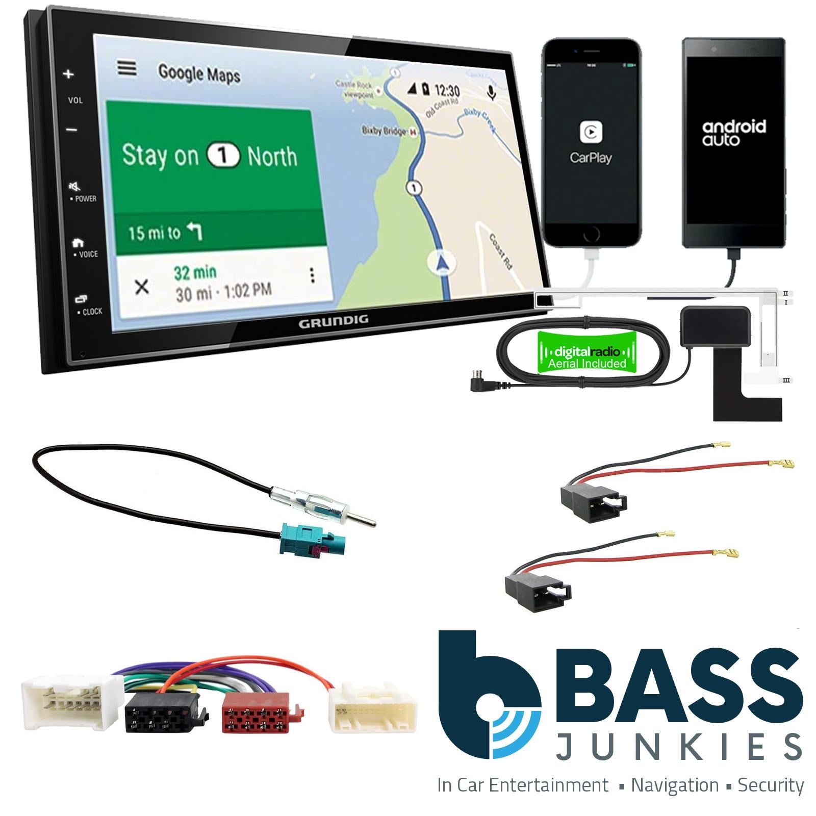Grundig 6.8" Apple Android Double Din Stereo Fitting Kit + Steering Wheel Stalk Controls to fit Dacia Duster 2012-17