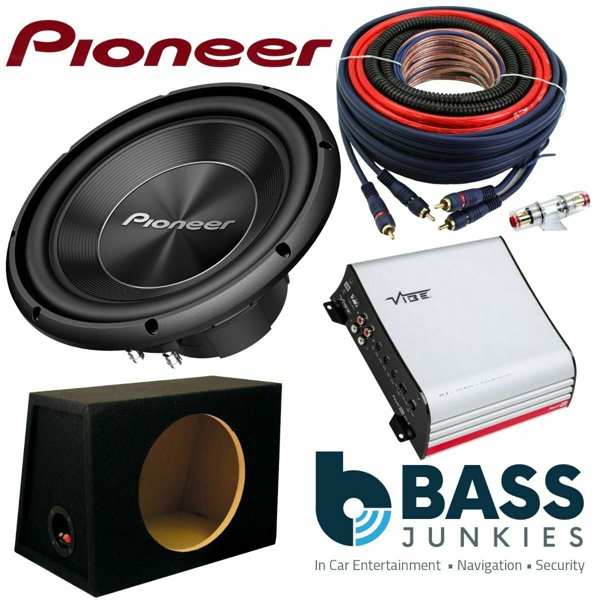 Pioneer TS-A300S4 1500 Watts 12" Car Subwoofer & VIBE POWERBOX-60.2-V7 Class A/B 2 Channel 320 Watts Car Amplifier & Bass Box Kit
