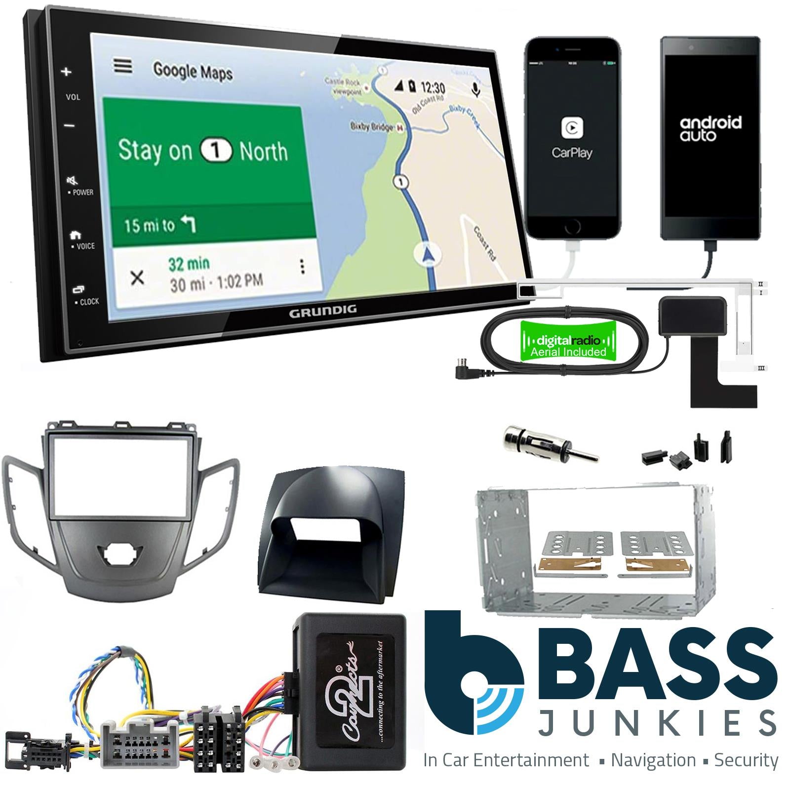 Grundig 6.8" Apple Android Double Din Stereo Fitting Kit + Steering Wheel Stalk Controls to fit Ford Fiesta 2008-10