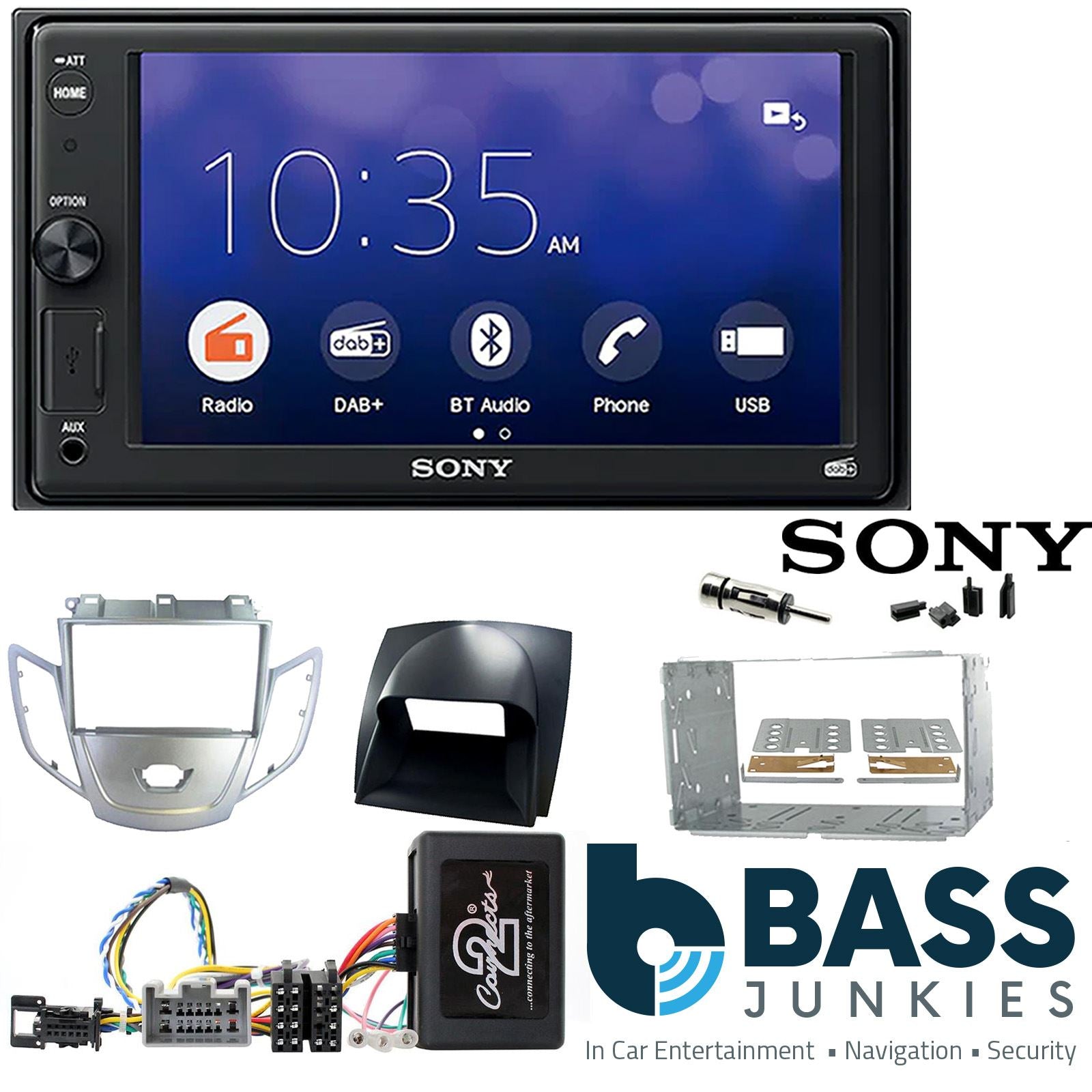 SONY XAV-1550D DAB+ Smart Bluetooth Car Radio + Stereo fitting kit + Steering Wheel Controls Loom for Ford Fiesta 2010-2012
