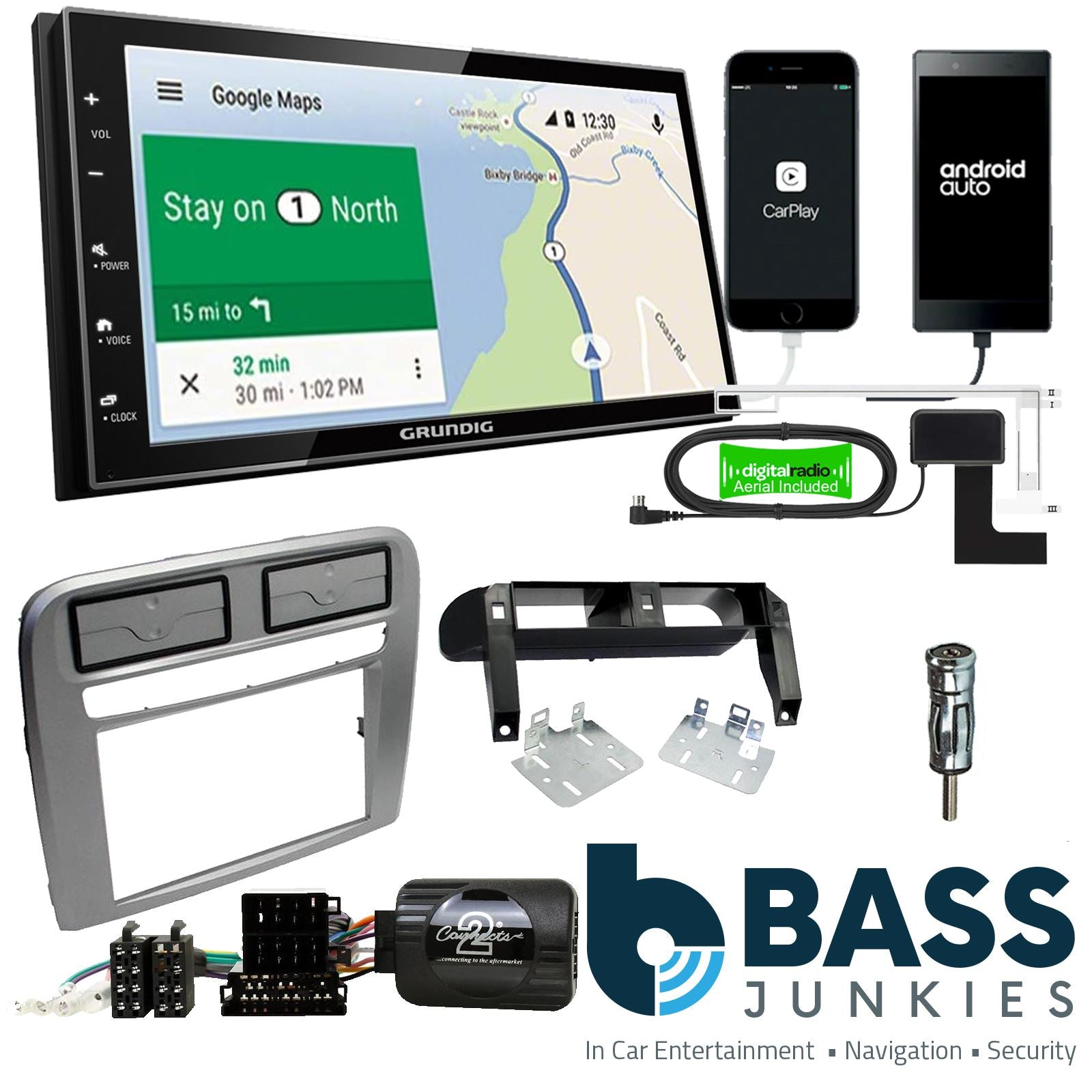 Grundig 6.8" Apple Android Double Din Stereo Fitting Kit + Steering Wheel Stalk Controls to fit Fiat Grande-Punto 2005-09
