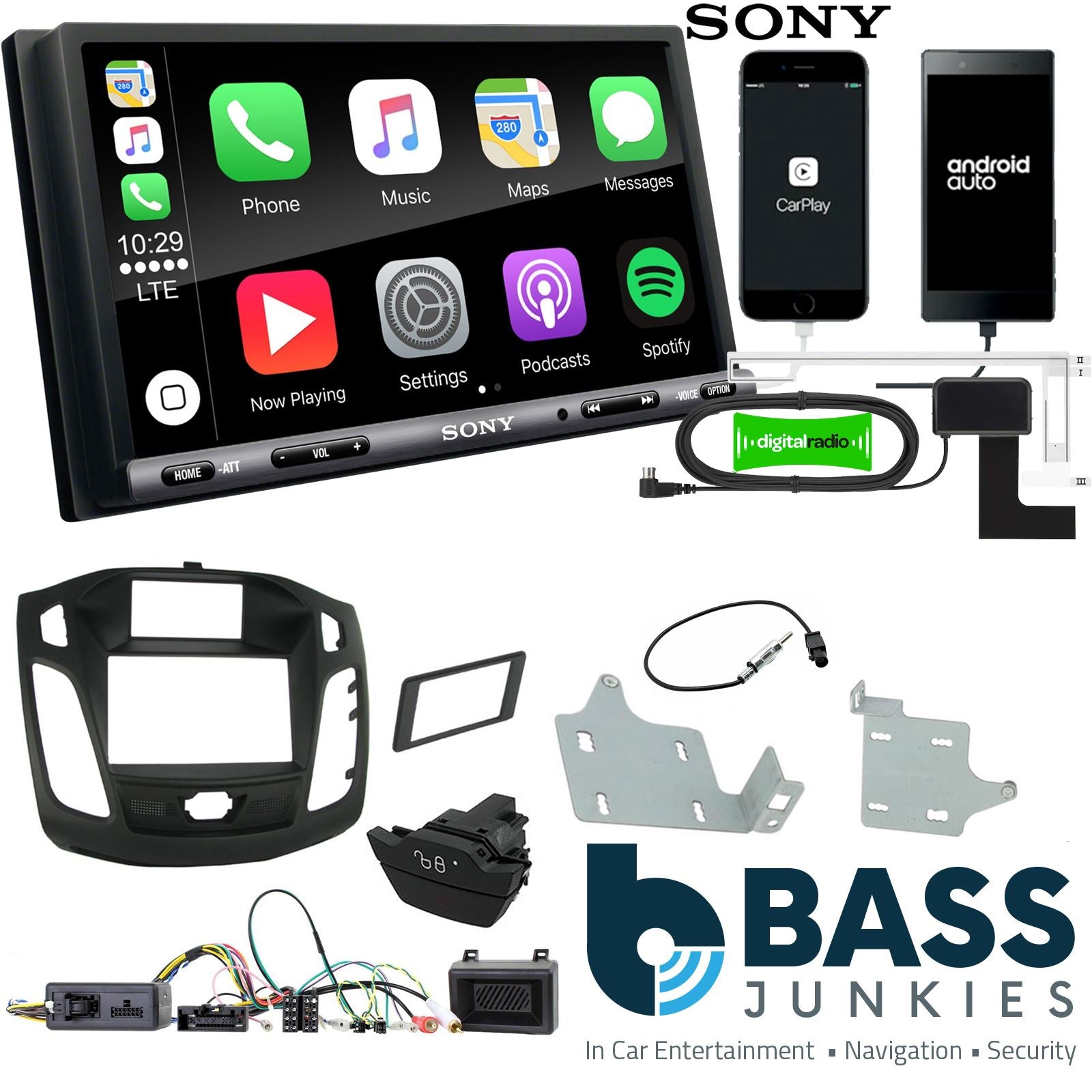 SONY DAB+ Apple | Android Double Din Stereo Fitting Kit + Steering Wheel Stalk Controls to fit Ford Focus 2011-15