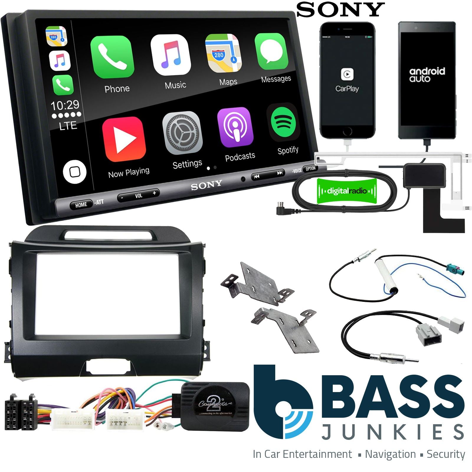 SONY DAB+ Apple | Android Double Din Stereo Fitting Kit + Steering Wheel Stalk Controls to fit Kia Sportage 2010-15