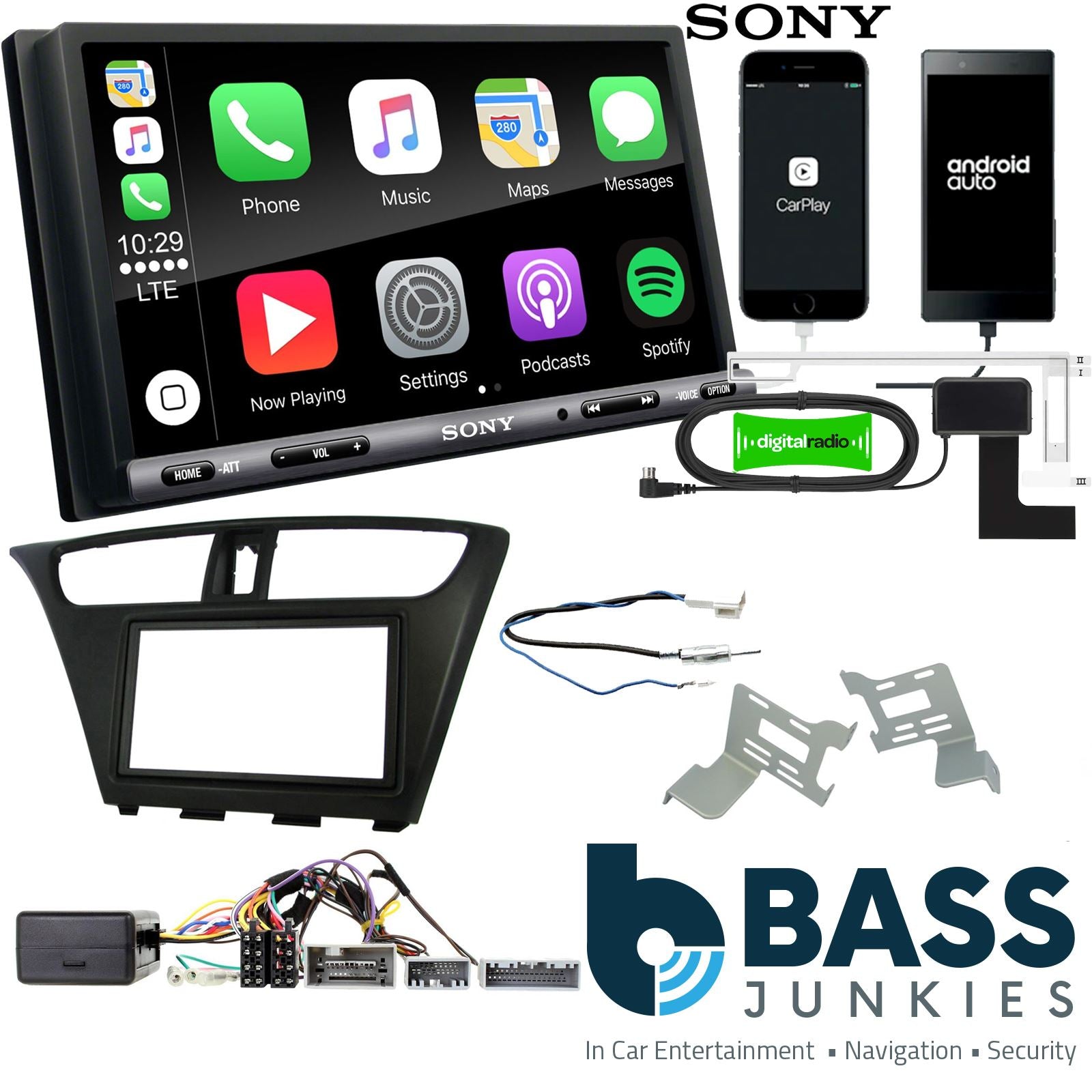 SONY DAB+ Apple | Android Double Din Stereo Fitting Kit + Steering Wheel Stalk Controls to fit Honda Civic 2012-15