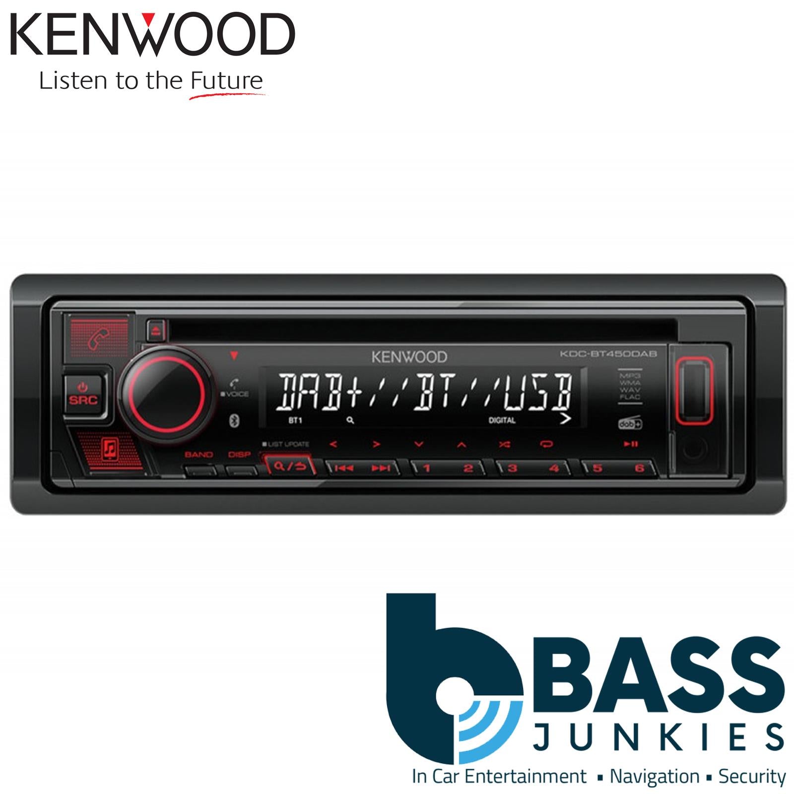 Kenwood KDC-BT450DAB Car Stereo DAB Radio/CD/MP3/Bluetooth/IPOD/IPHONE/ANDROID control/Amazon Alexa/Spotify App Link/Front USB/Front Aux-In/External Microphone/Red llumination/INCLUDES DAB AERIAL