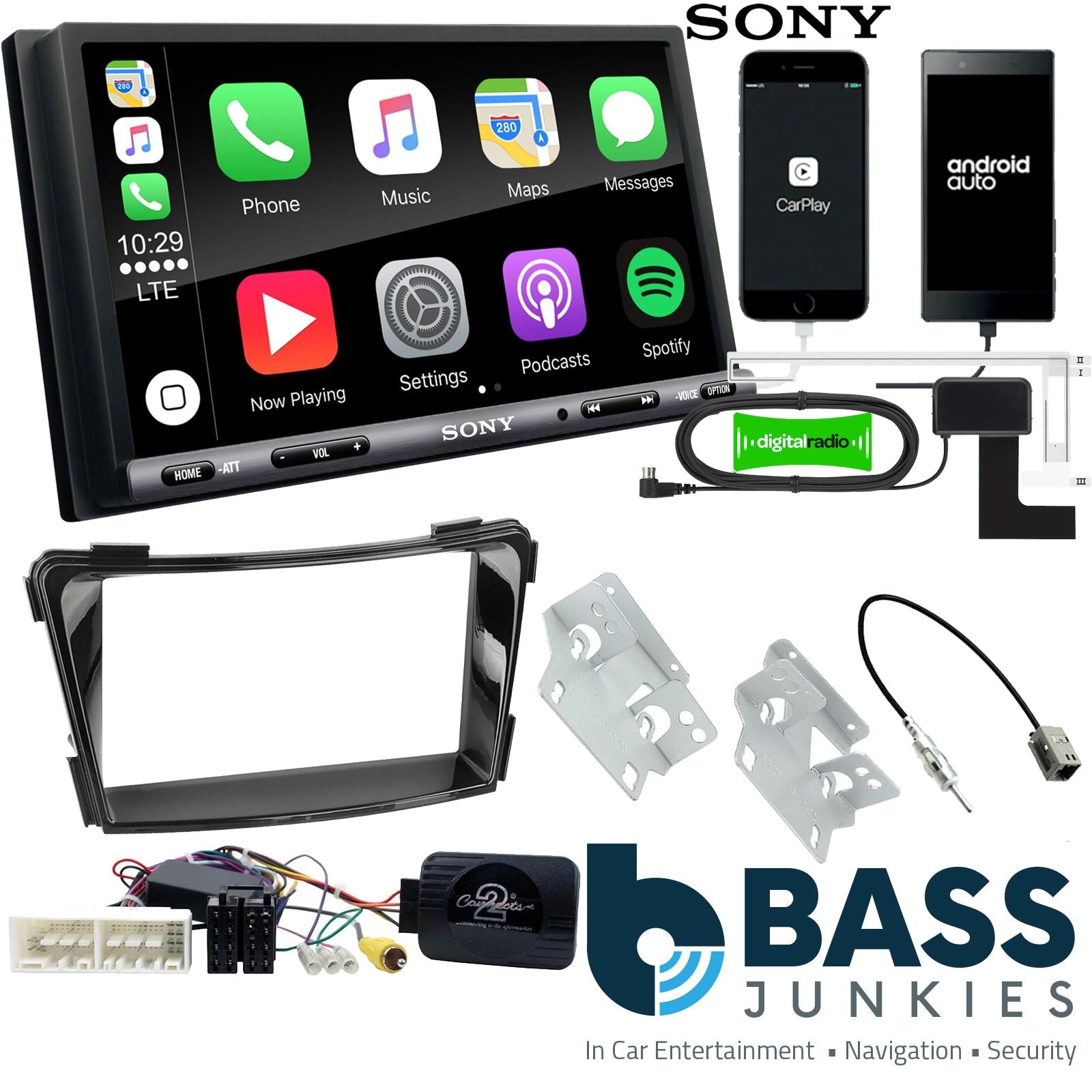 SONY DAB+ Apple | Android Double Din Stereo Fitting Kit + Steering Wheel Stalk Controls to fit Hyundai i40 2016-