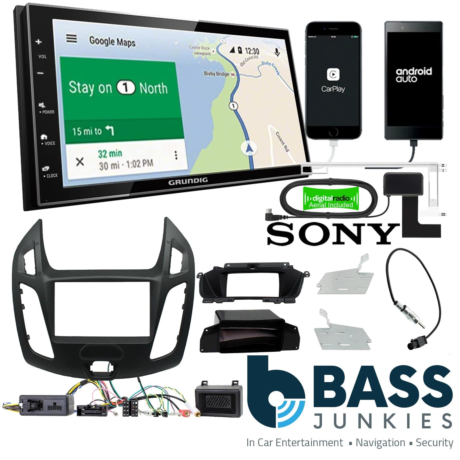 Grundig 6.8" Apple Android Double Din Stereo Fitting Kit + Steering Wheel Stalk Controls to fit Ford Transit-Connect 13-