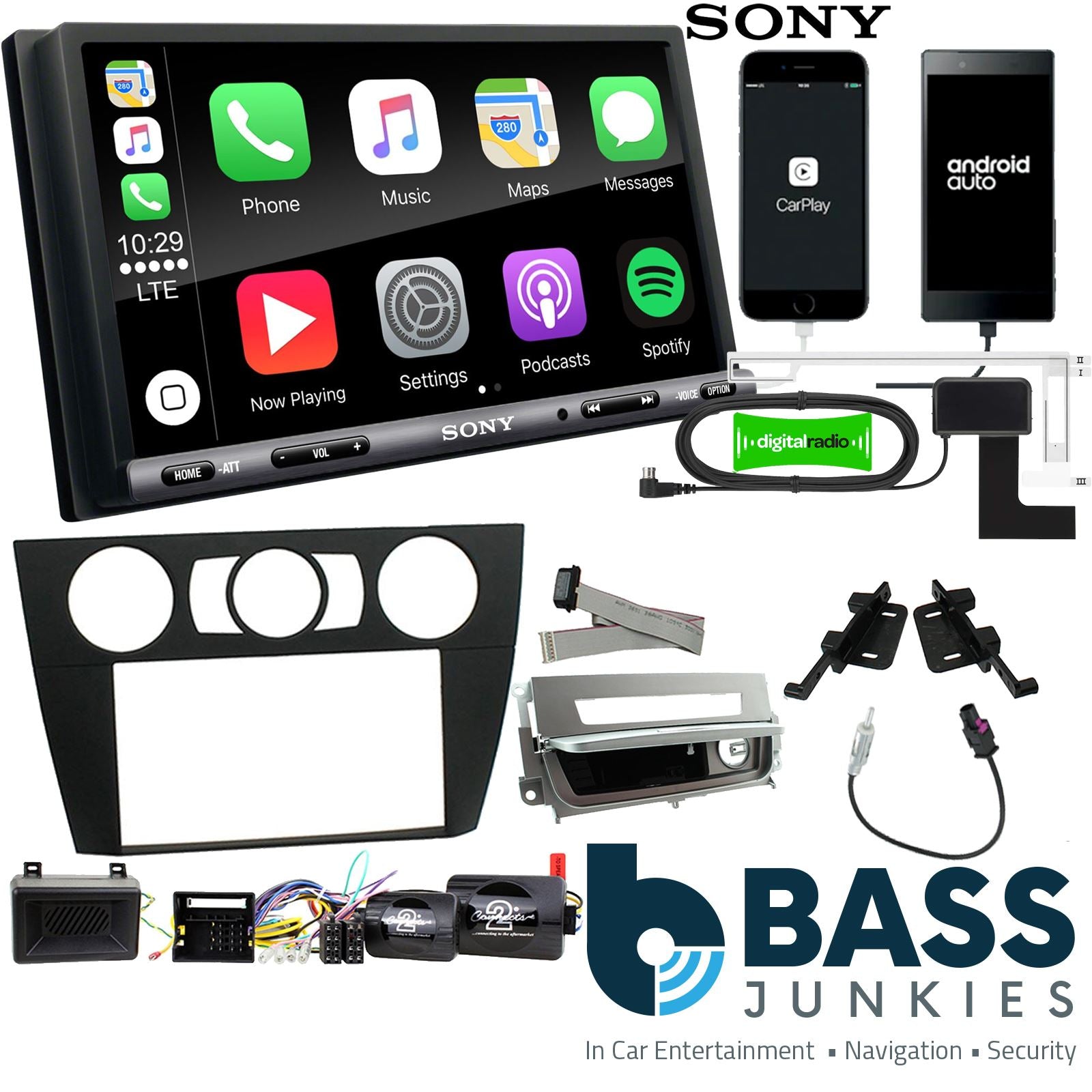 SONY DAB+ Apple | Android Double Din Stereo Fitting Kit + Steering Wheel Stalk Controls to fit BMW 3-Series 2005-12