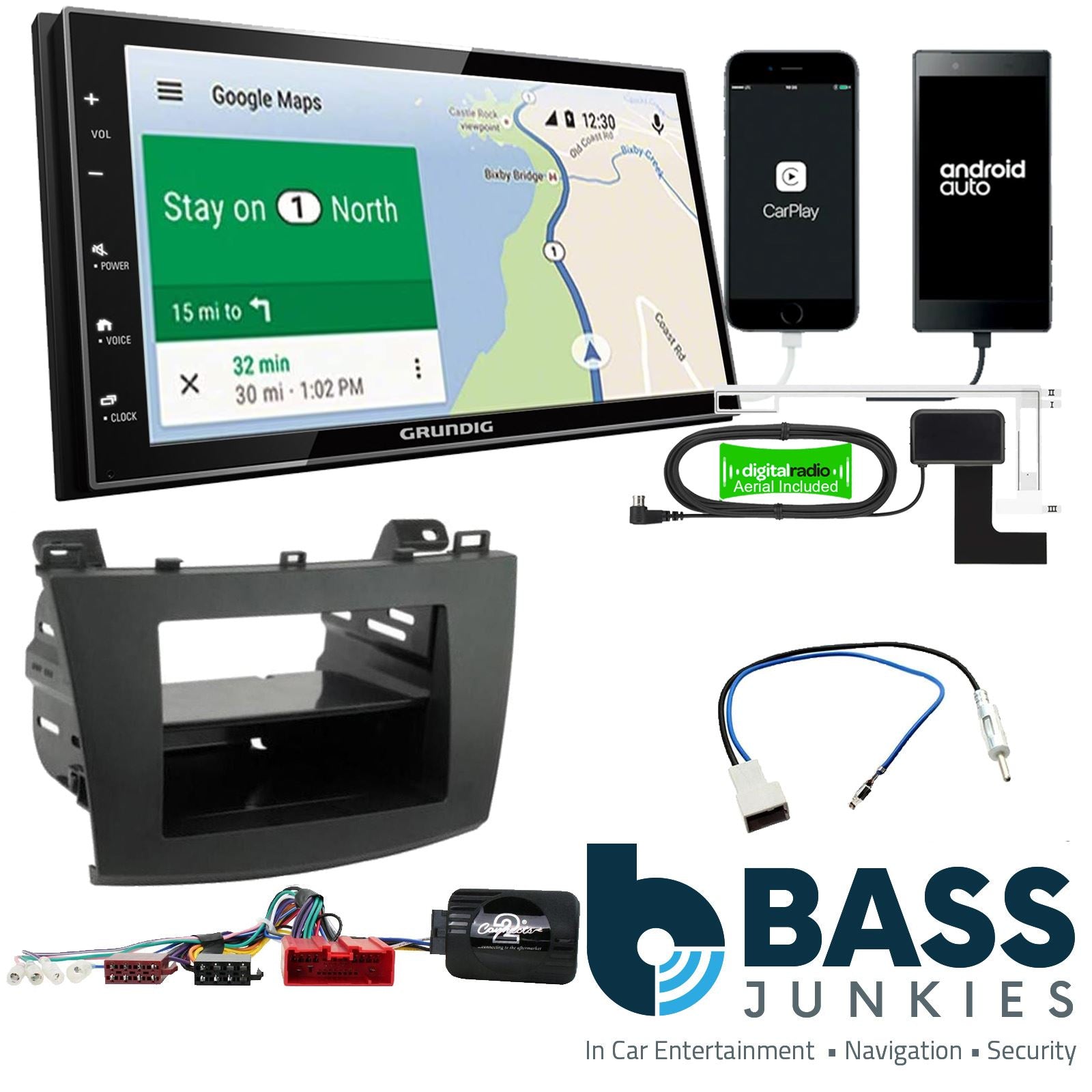Grundig 6.8" Apple Android Double Din Stereo Fitting Kit + Steering Wheel Stalk Controls to fit Mazda 3 2010-14