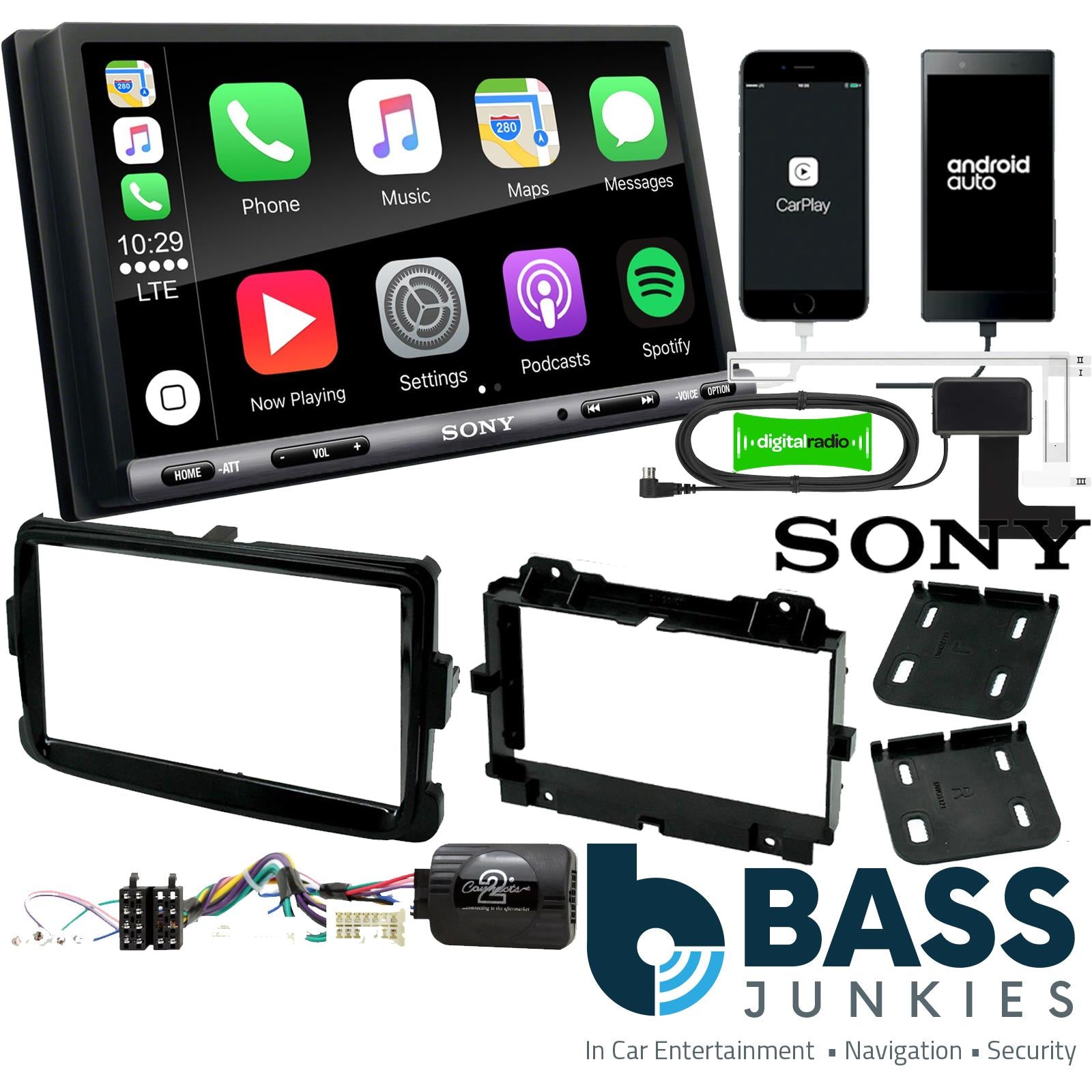 SONY DAB+ Apple | Android Double Din Stereo Fitting Kit + Steering Wheel Stalk Controls to fit Renault Captur 2013-17