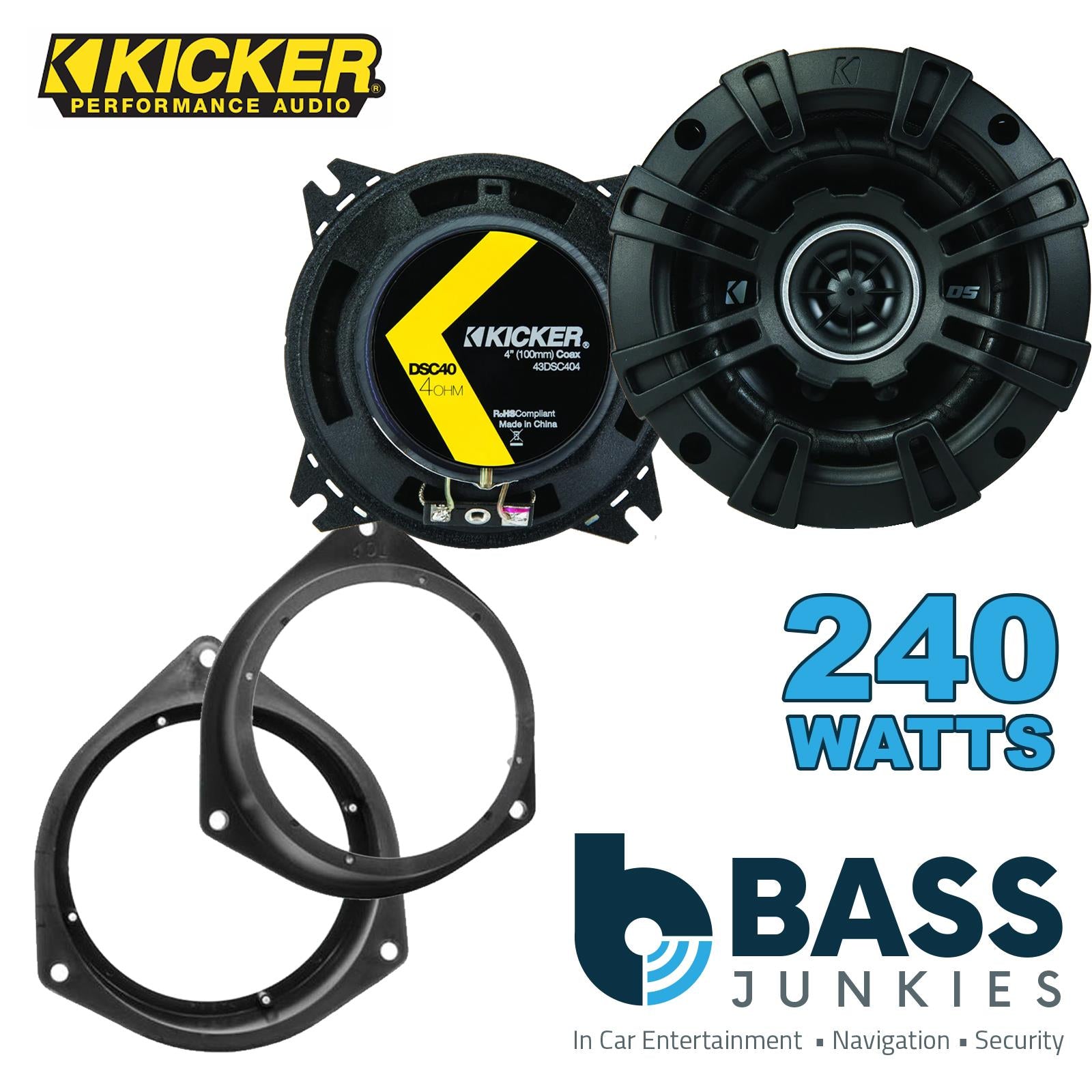 Kicker DSC404 100mm/10cm/4" 2-Way Coaxial Car speakers (Per Pair Max 240|60 watts RMS) Fits Peugeot Bipper 2008-12