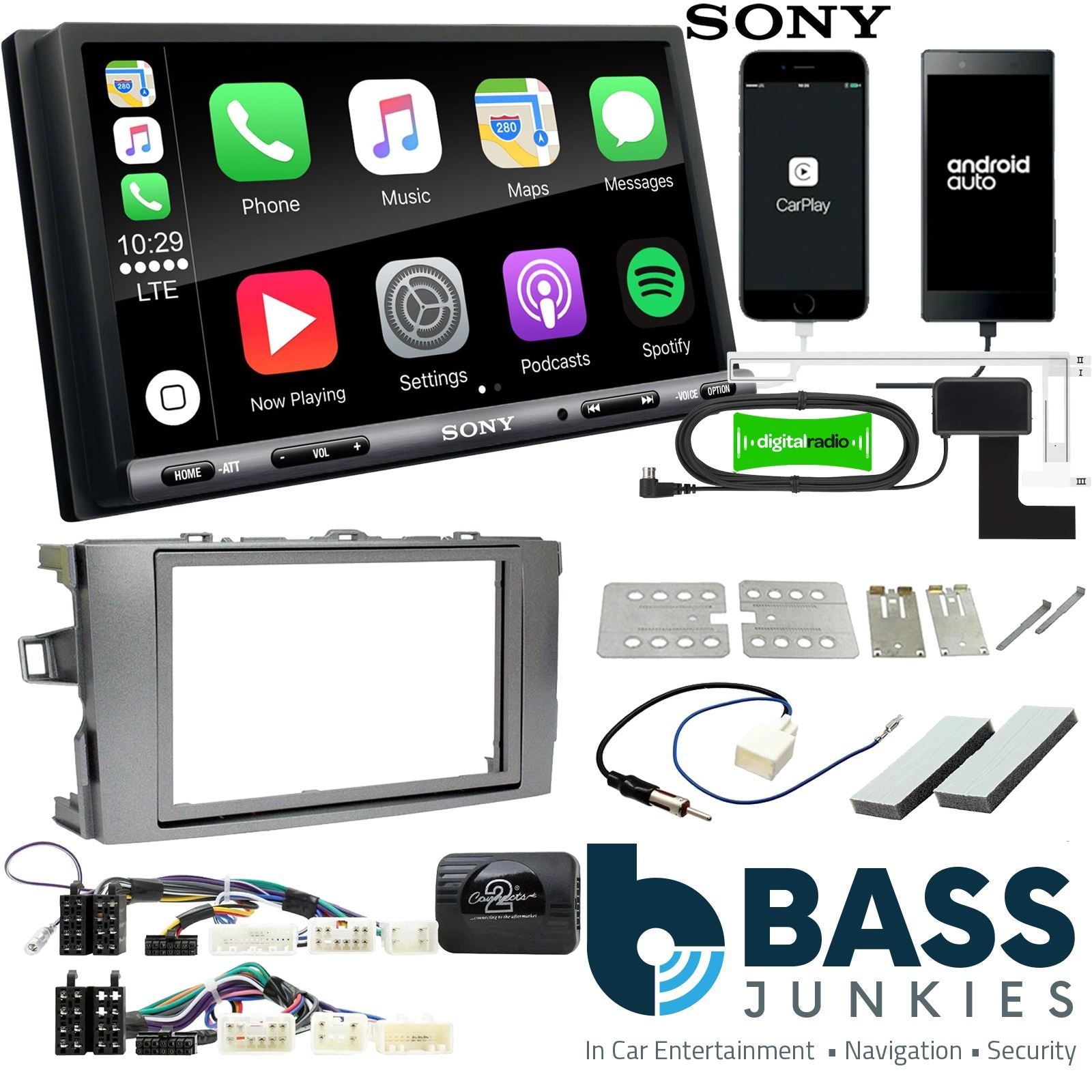 SONY DAB+ Apple | Android Double Din Stereo Fitting Kit + Steering Wheel Stalk Controls to fit Toyota Auris 2007-12