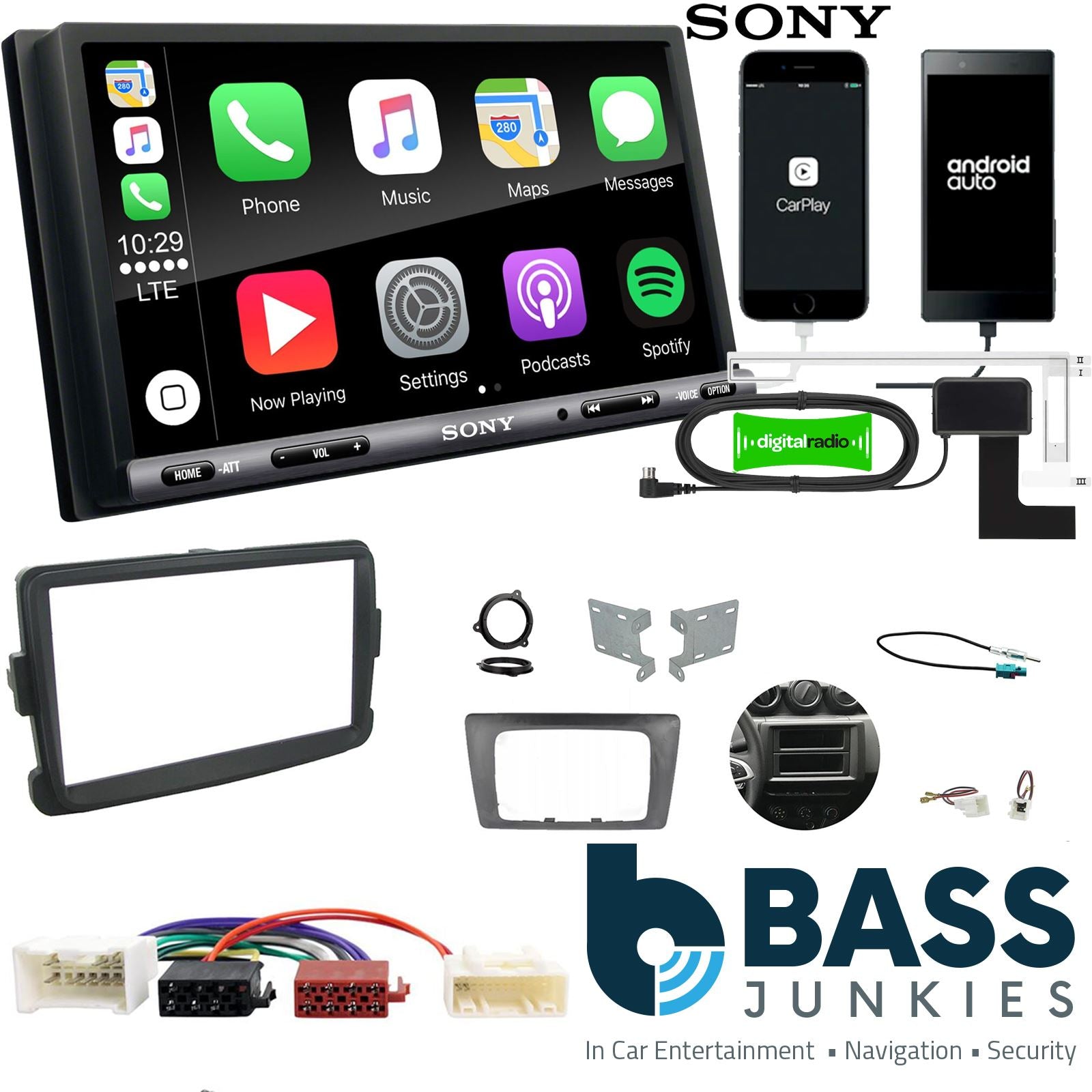 SONY DAB+ Apple | Android Double Din Stereo Fitting Kit + Steering Wheel Stalk Controls to fit Dacia Duster 2012-17 | Dacia Sandero 2012-16