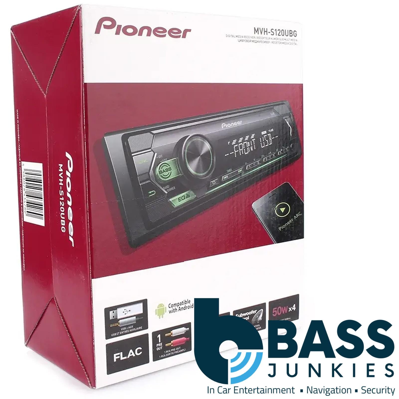 Pioneer MVH-S120UBG Car Stereo Mechless Radio | Radio | Compatable with Android | Front USB | Auxillary input | RCA Preout | 4 x 50 Watts  | 5 band EQ | SWRC | Green Illumination with white display