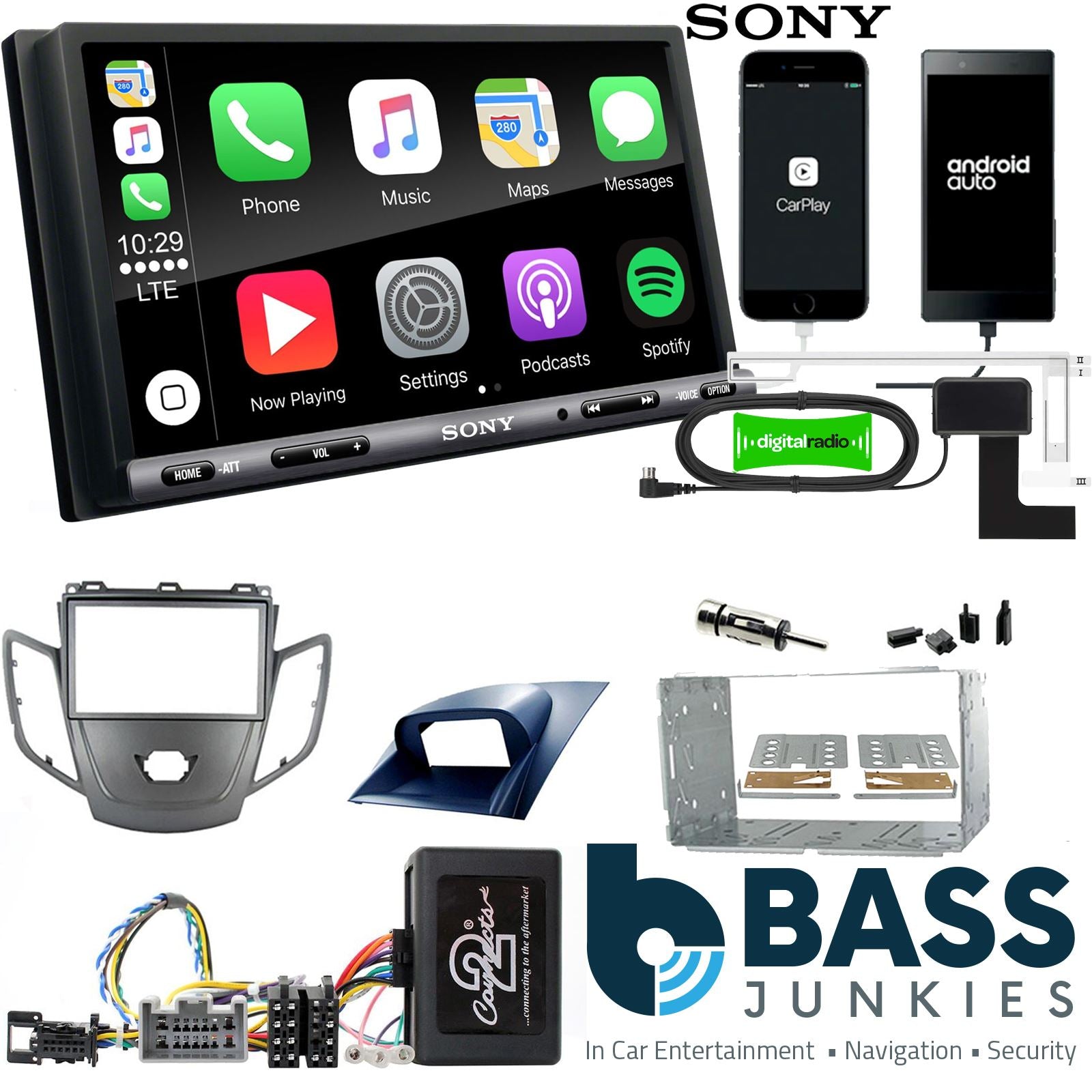 SONY DAB+ Apple | Android Double Din Stereo Fitting Kit + Steering Wheel Stalk Controls to fit Ford Fiesta 2008-10