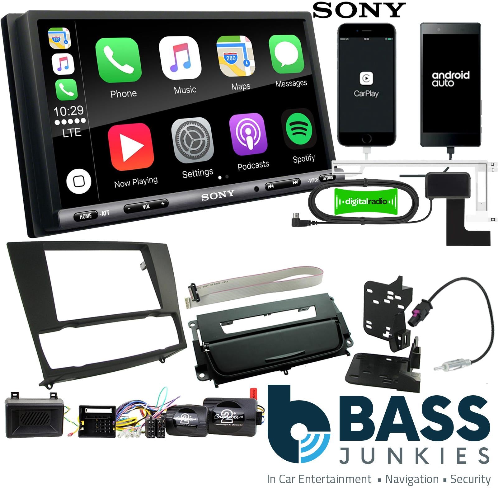 SONY DAB+ Apple | Android Double Din Stereo Fitting Kit + Steering Wheel Stalk Controls to fit BMW 3-Series 2005-12
