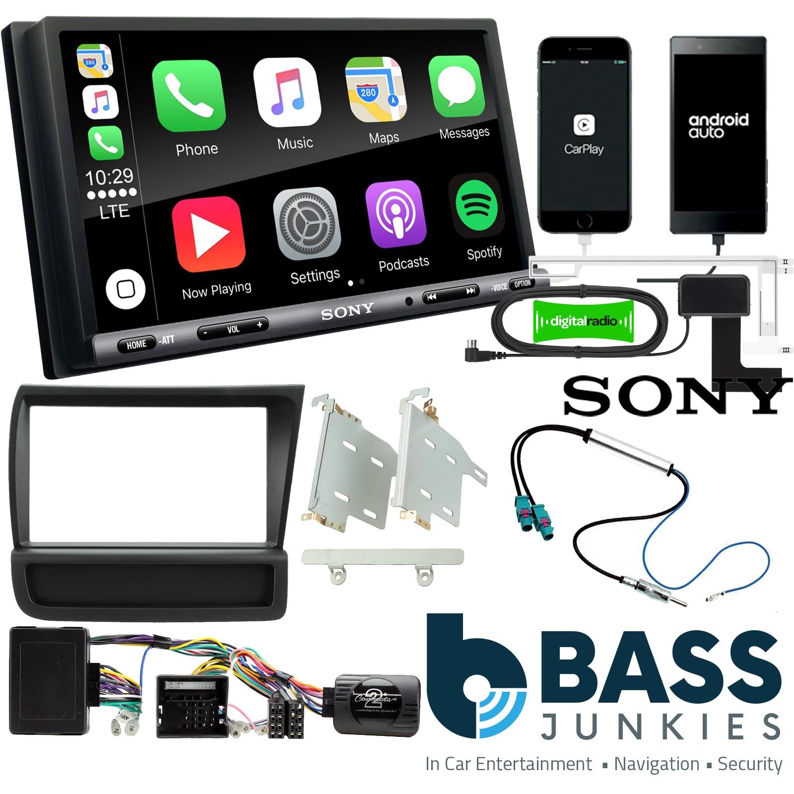 SONY DAB+ Apple | Android Double Din Stereo Fitting Kit + Steering Wheel Stalk Controls to fit Audi R8 2007-15