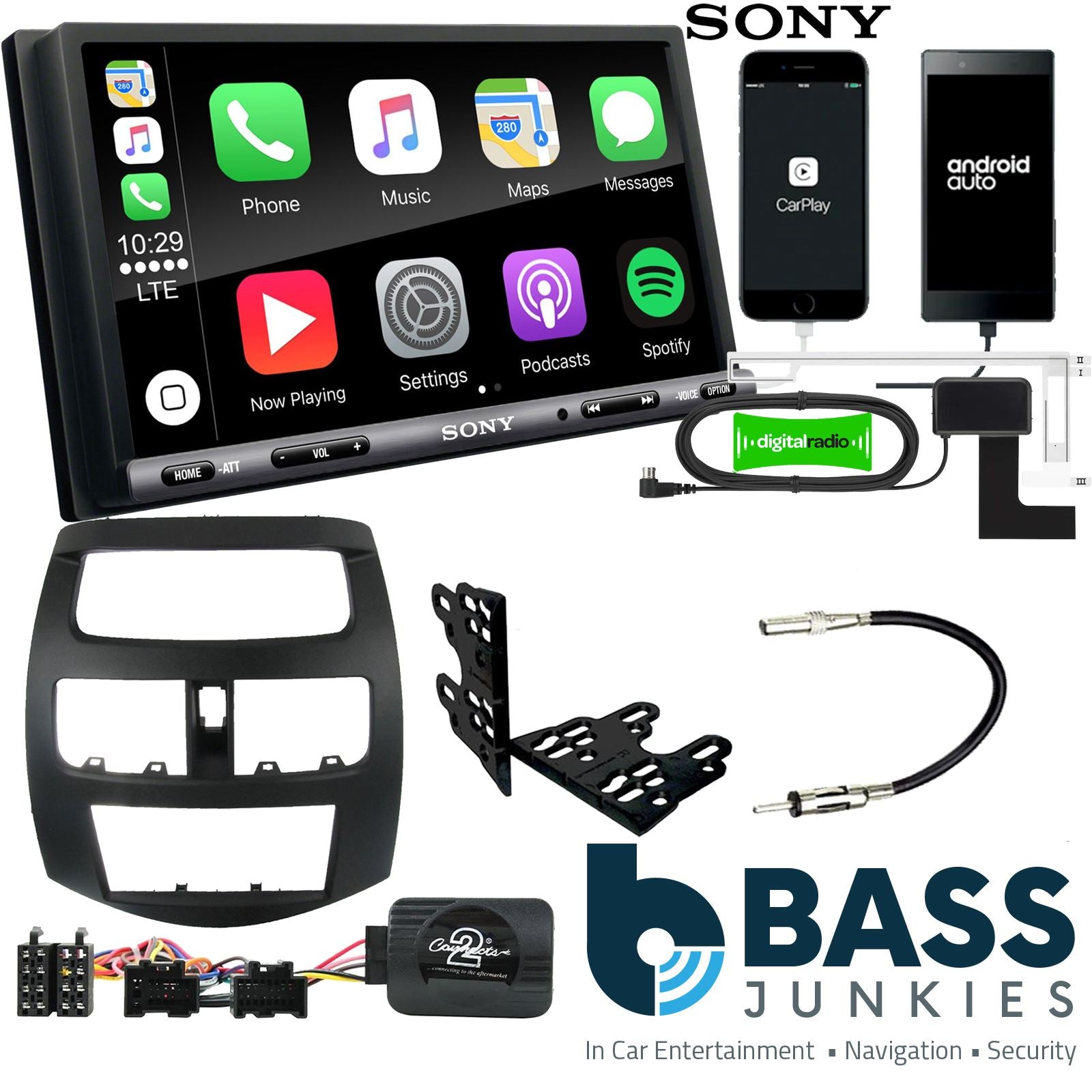 SONY DAB+ Apple | Android Double Din Stereo Fitting Kit + Steering Wheel Stalk Controls to fit Chevrolet Spark 2010-12 | Chevrolet Beat 2010-12