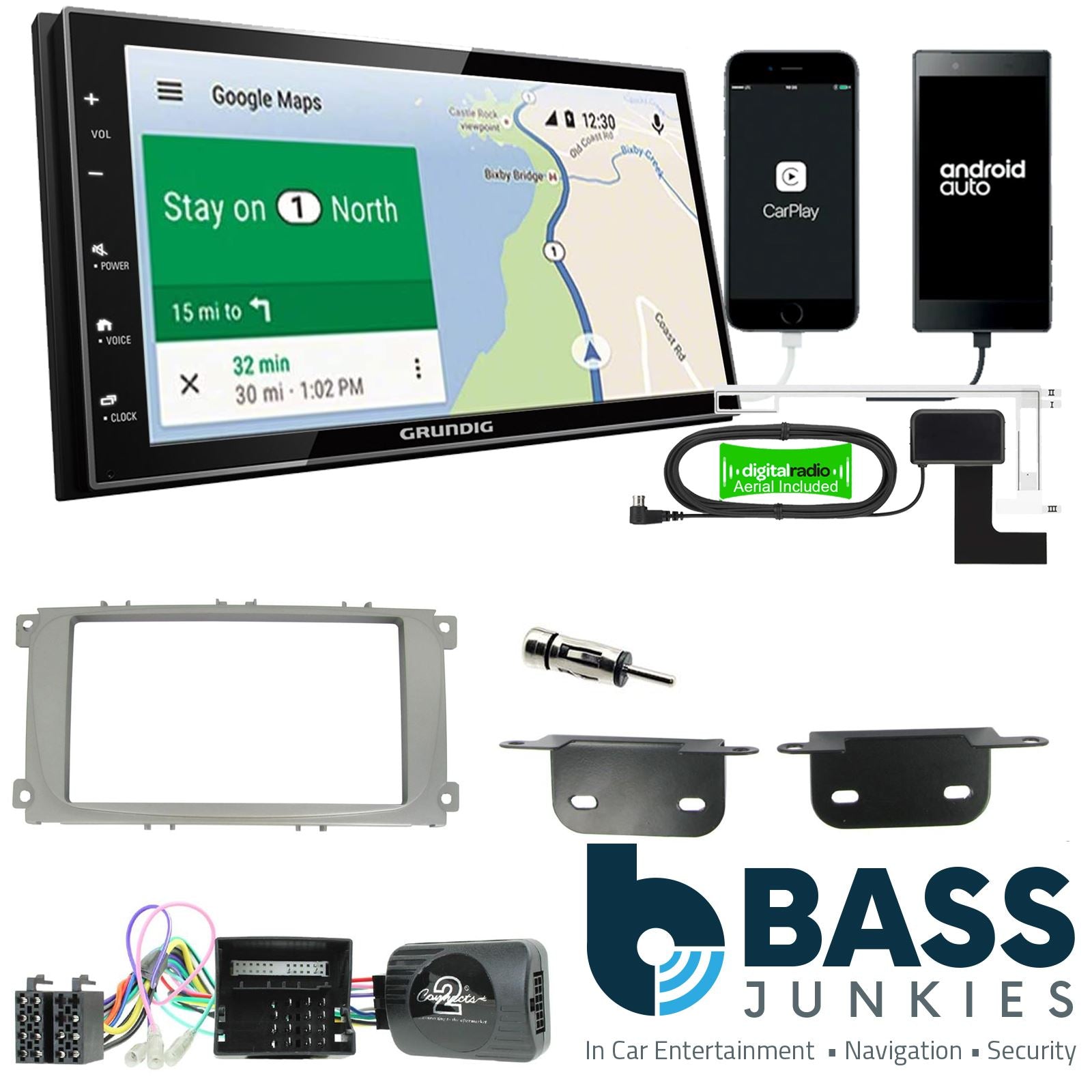 Grundig 6.8" Apple Android Double Din Stereo Fitting Kit + Steering Wheel Stalk Controls to fit Ford S-Max 2007-14 | Ford Focus 2007-11 | Ford Mondeo 2007-14