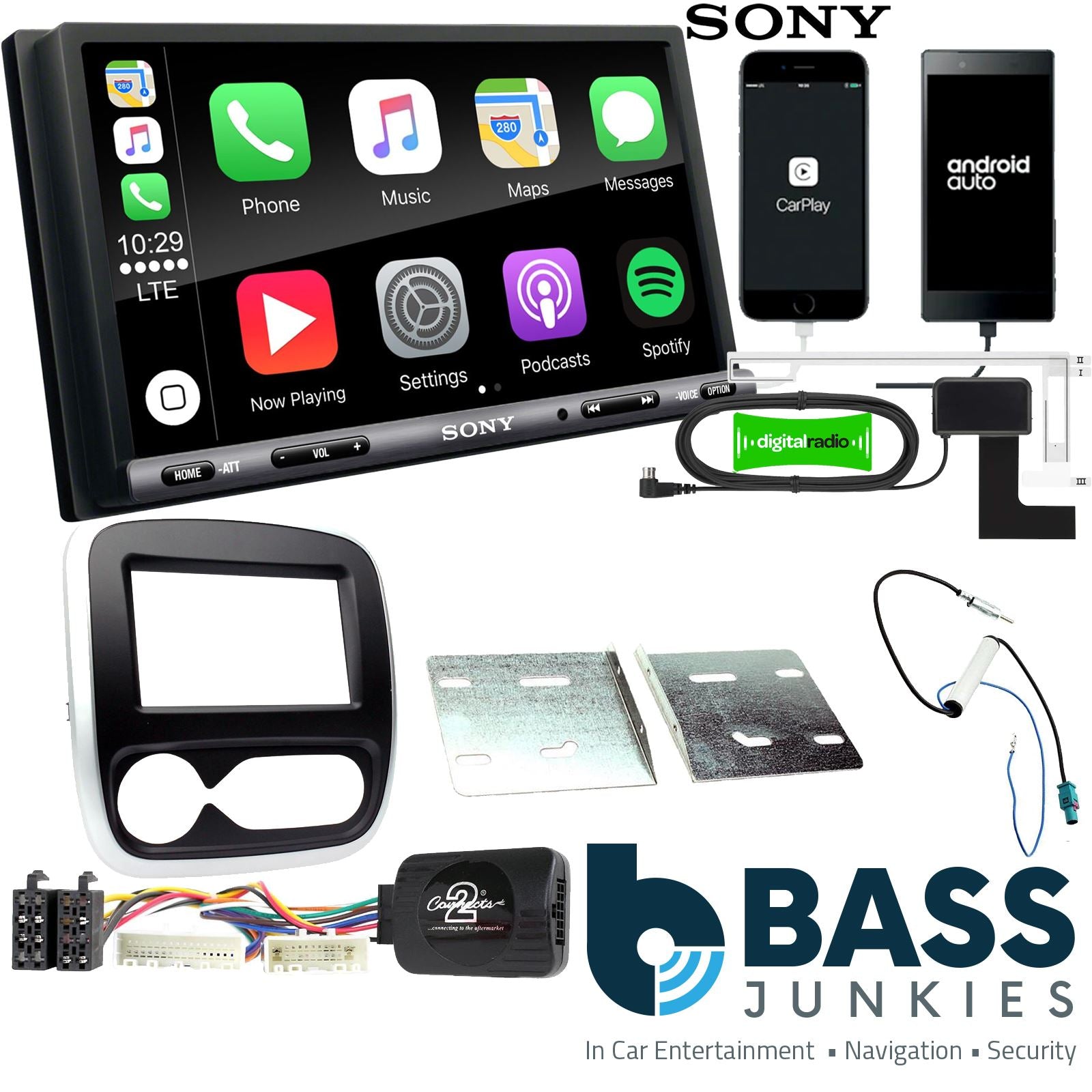 SONY DAB+ Apple | Android Double Din Stereo Fitting Kit + Steering Wheel Stalk Controls to fit Fiat Talento 2017-