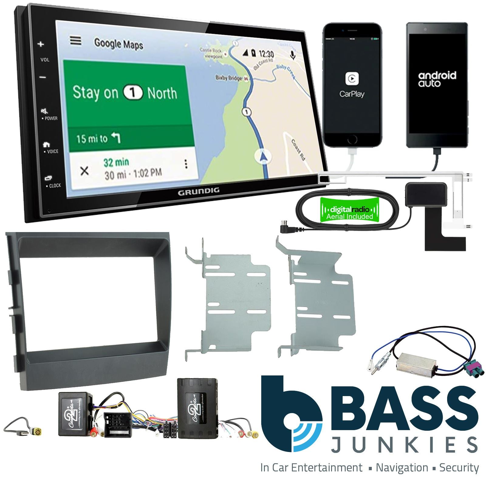 Grundig 6.8" Apple Android Double Din Stereo Fitting Kit + Steering Wheel Stalk Controls to fit Porsche Panamera 2009-16