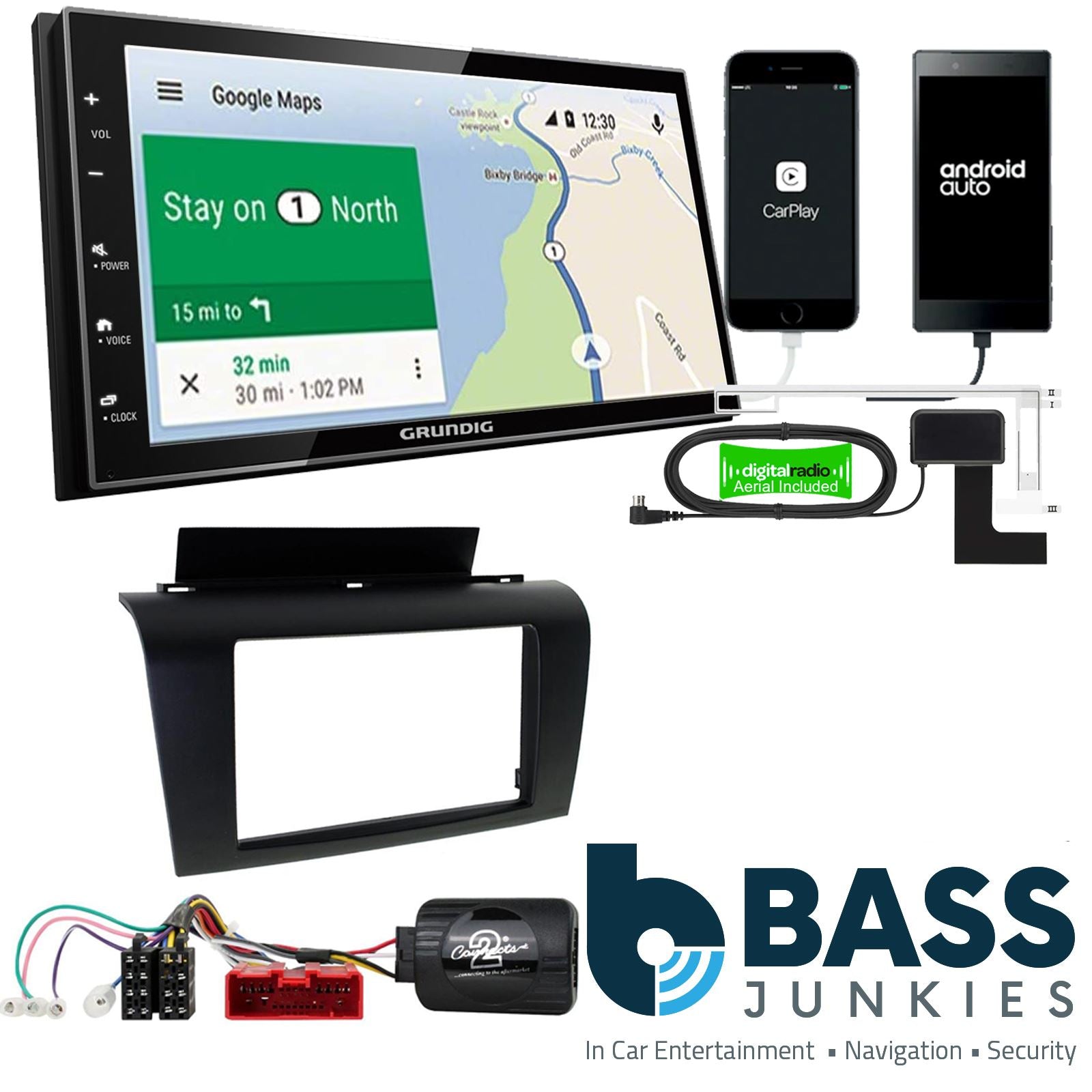 Grundig 6.8" Apple Android Double Din Stereo Fitting Kit + Steering Wheel Stalk Controls to fit Mazda 3 2004-09