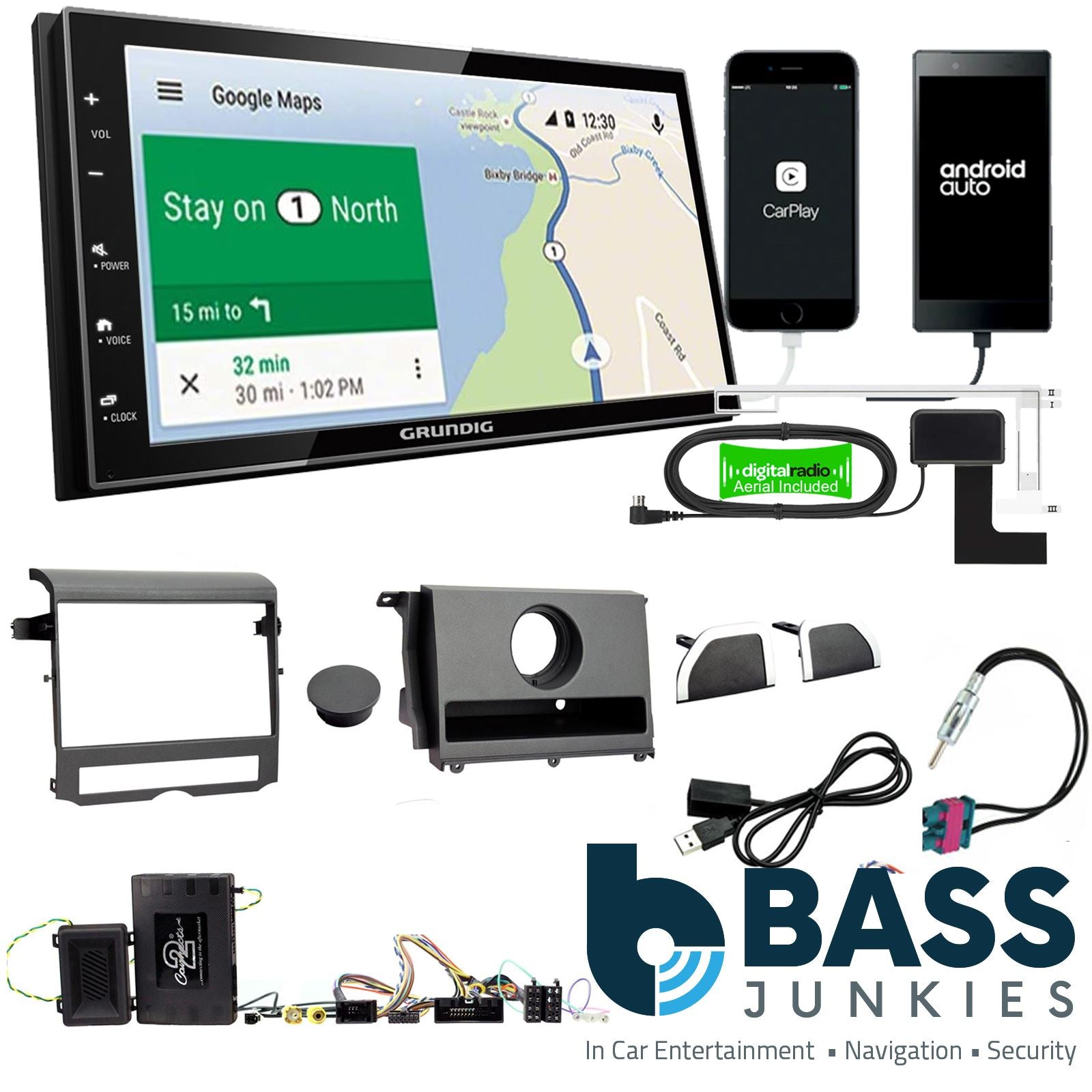 Grundig 6.8" Apple Android Double Din Stereo Fitting Kit + Steering Wheel Stalk Controls to fit Land Rover Discovery 09-11