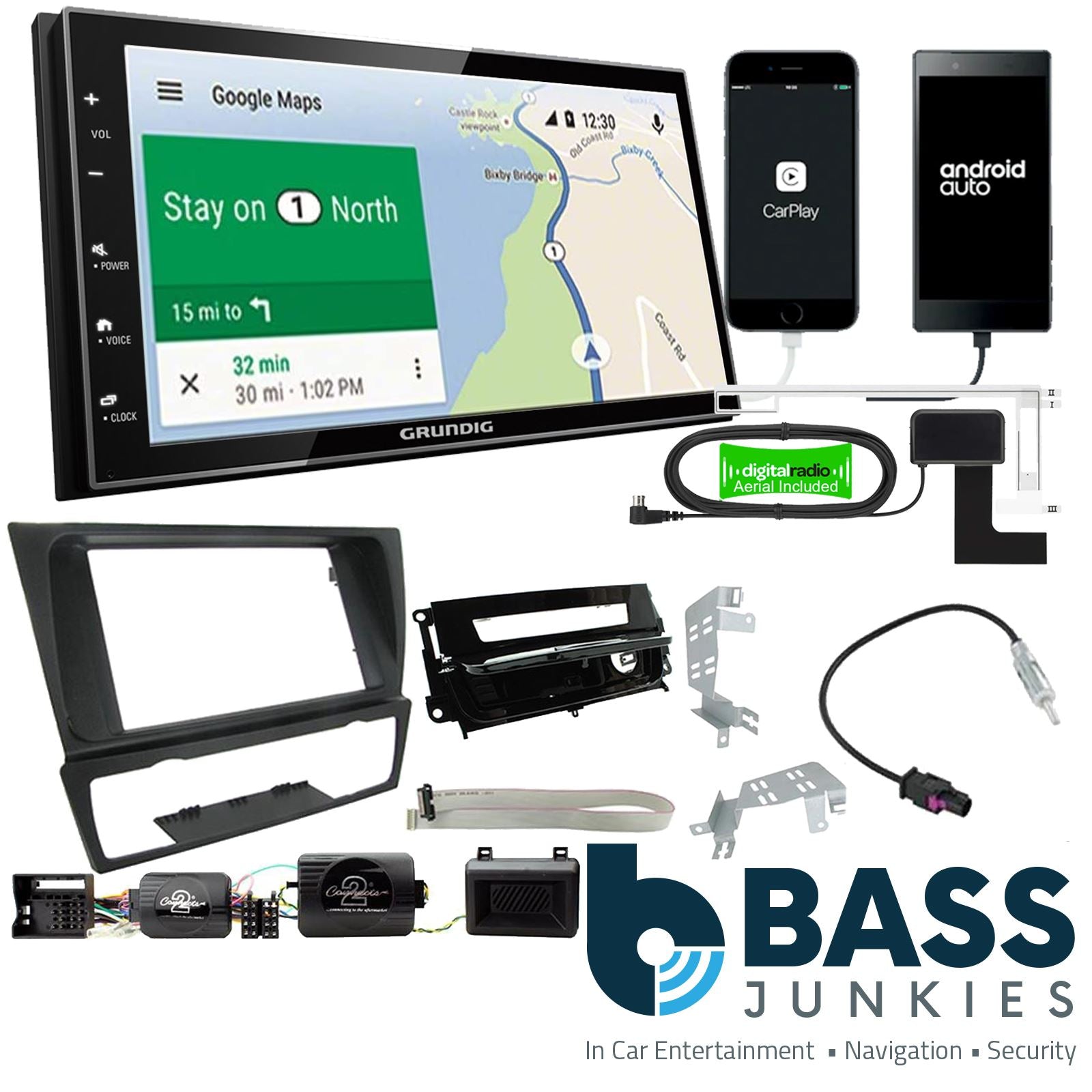Grundig 6.8" Apple Android Double Din Stereo Fitting Kit + Steering Wheel Stalk Controls to fit BMW 3-Series 2005-12