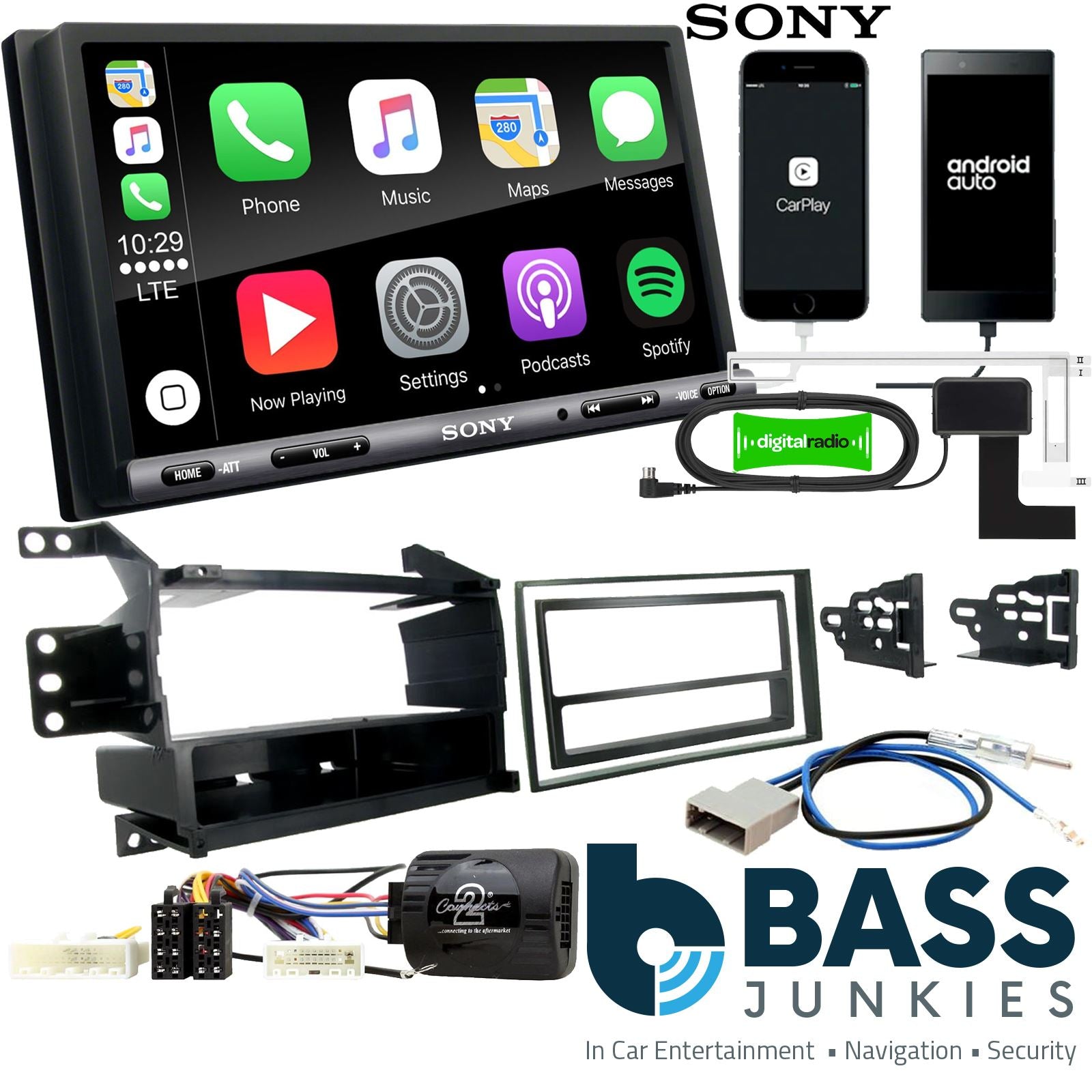 SONY DAB+ Apple | Android Double Din Stereo Fitting Kit + Steering Wheel Stalk Controls to fit Nissan Juke 2011-14