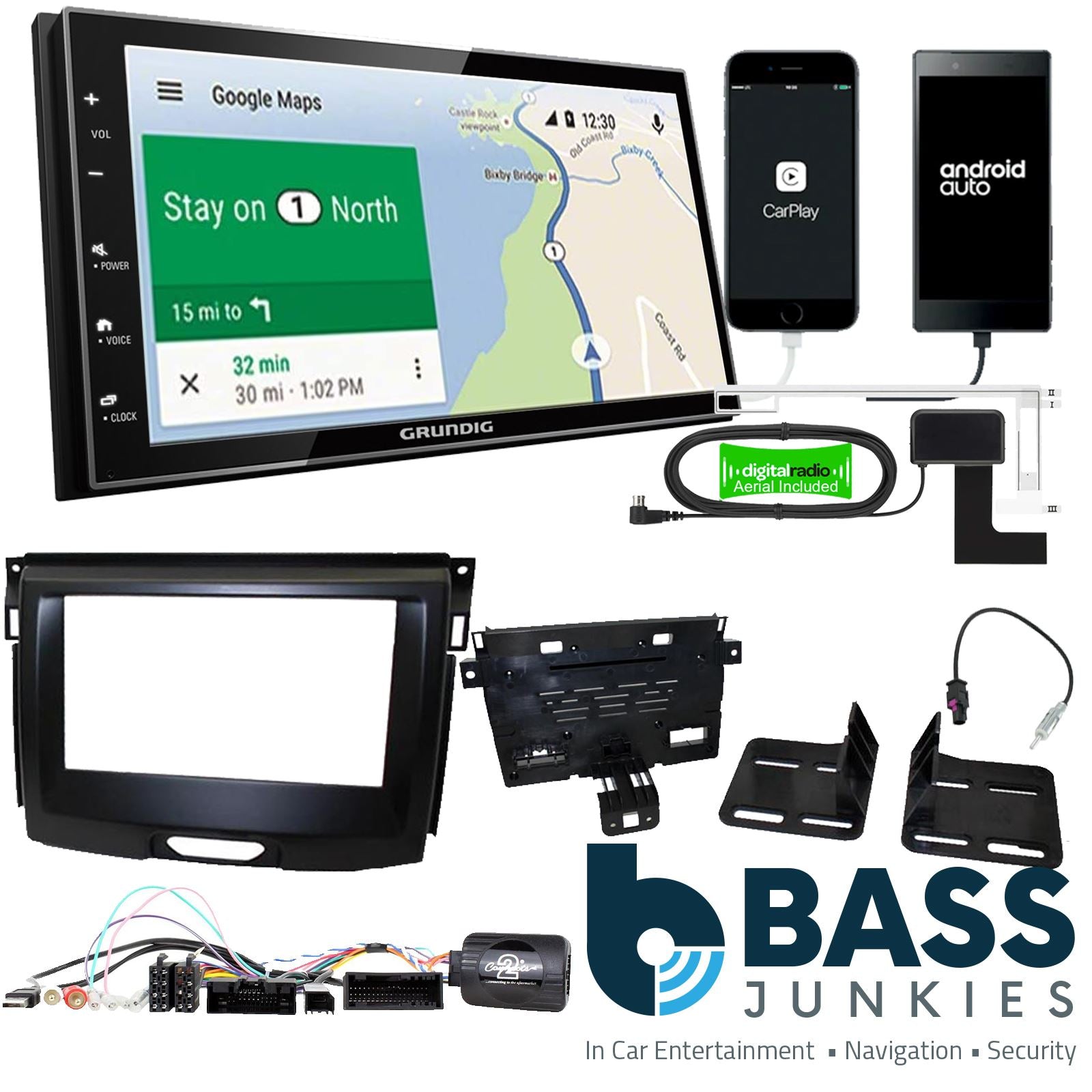 Grundig 6.8" Apple Android Double Din Stereo Fitting Kit + Steering Wheel Stalk Controls to fit Ford Everest 2015-21 | Ford Ranger 2015-20