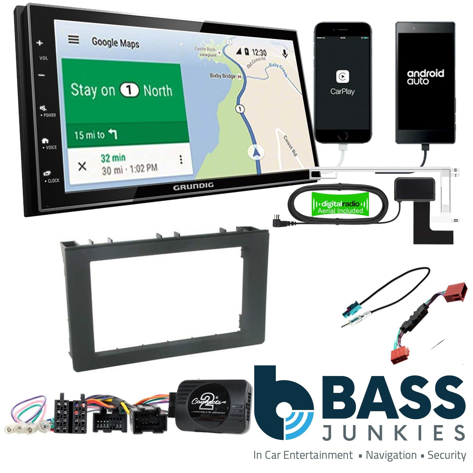Grundig 6.8" Apple Android Double Din Stereo Fitting Kit + Steering Wheel Stalk Controls to fit Saab 9-3 2006-12