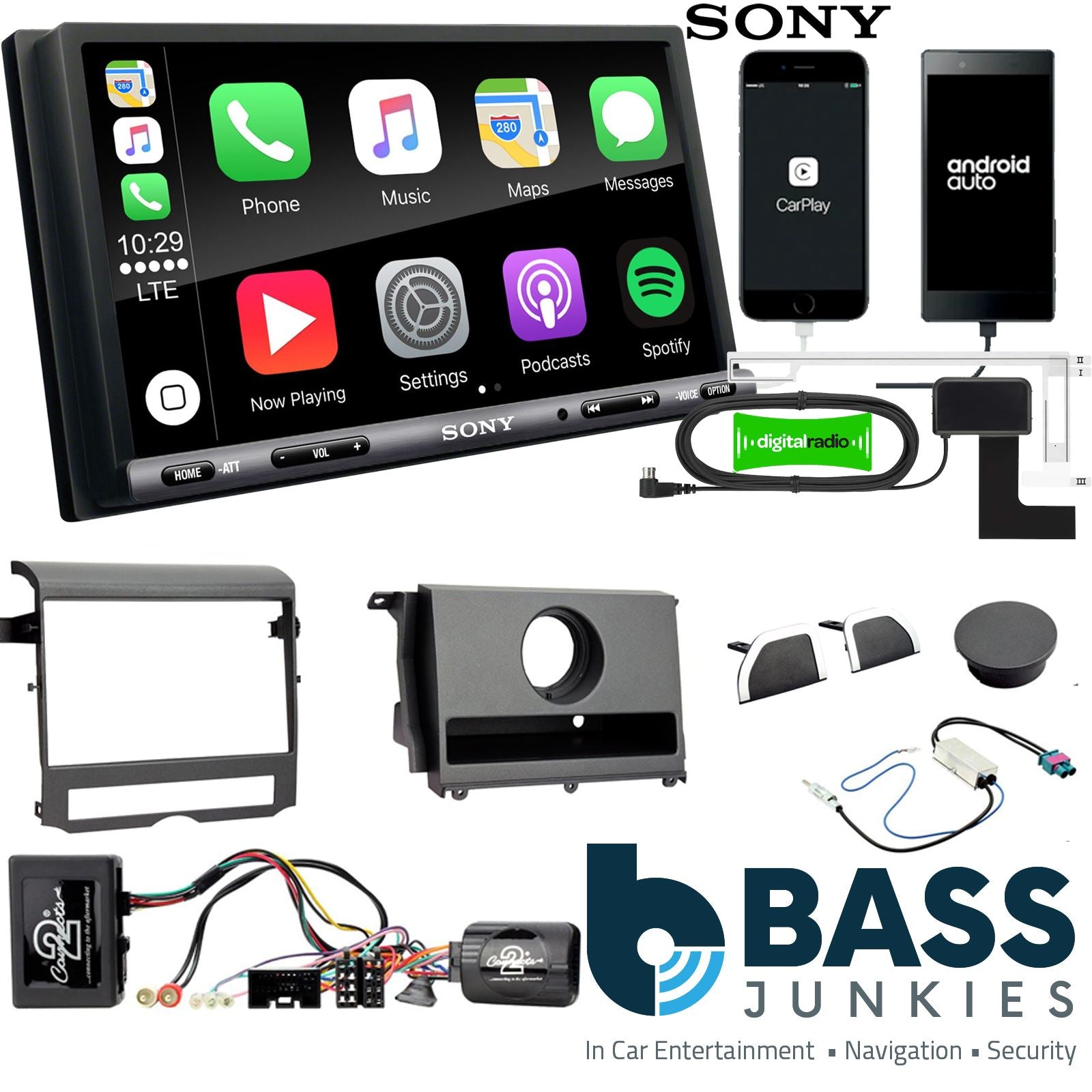SONY DAB+ Apple | Android Double Din Stereo Fitting Kit + Steering Wheel Stalk Controls to fit Land Rover Discovery 09-11
